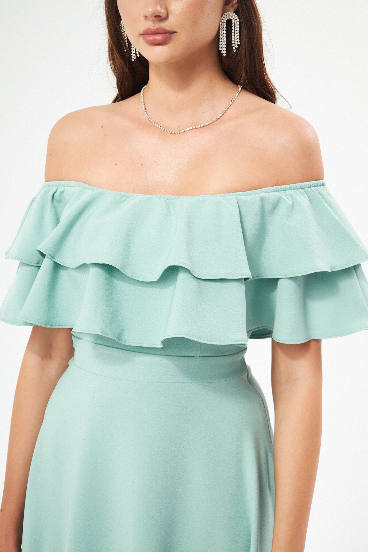 Long Flared Drop Shoulder Double Ruffle Detail Evening Dress - Mint Green - Bidoluelbise