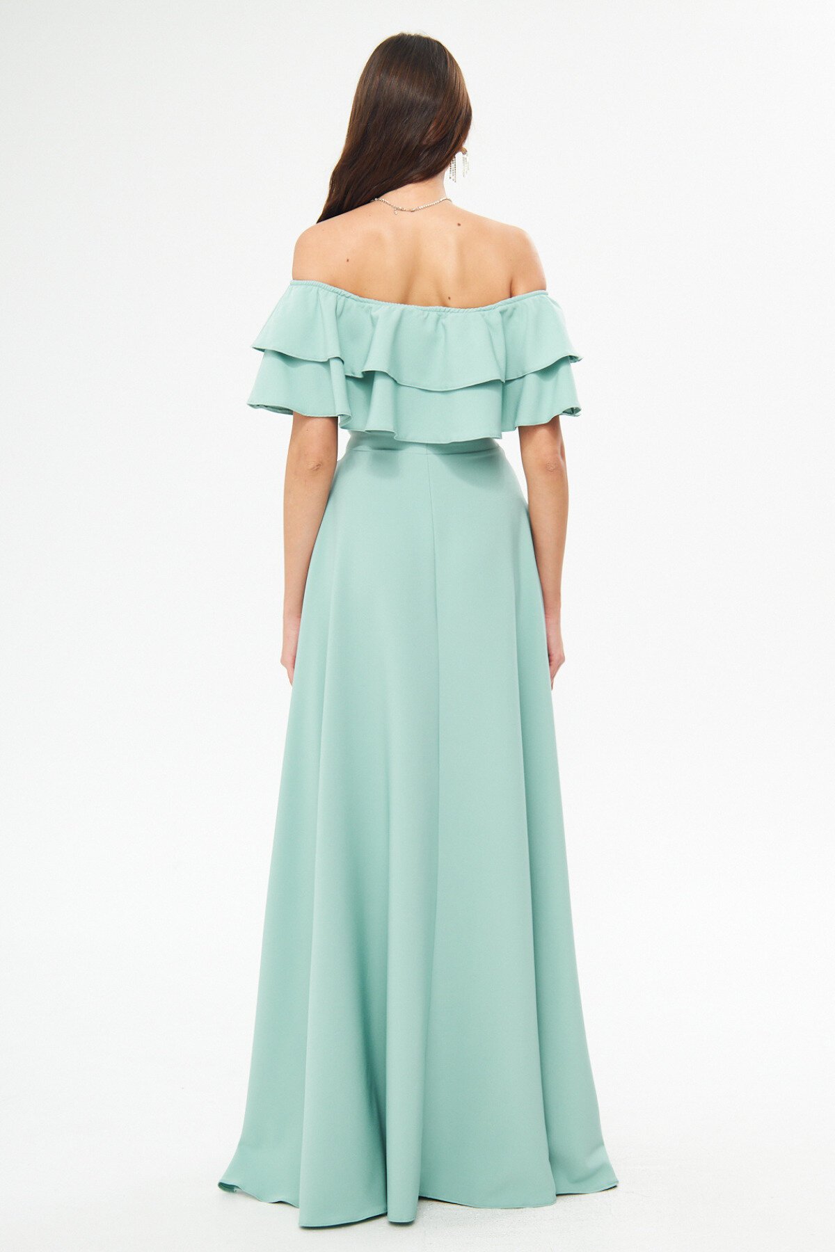 Long Flared Drop Shoulder Double Ruffle Detail Evening Dress - Mint Green - Bidoluelbise