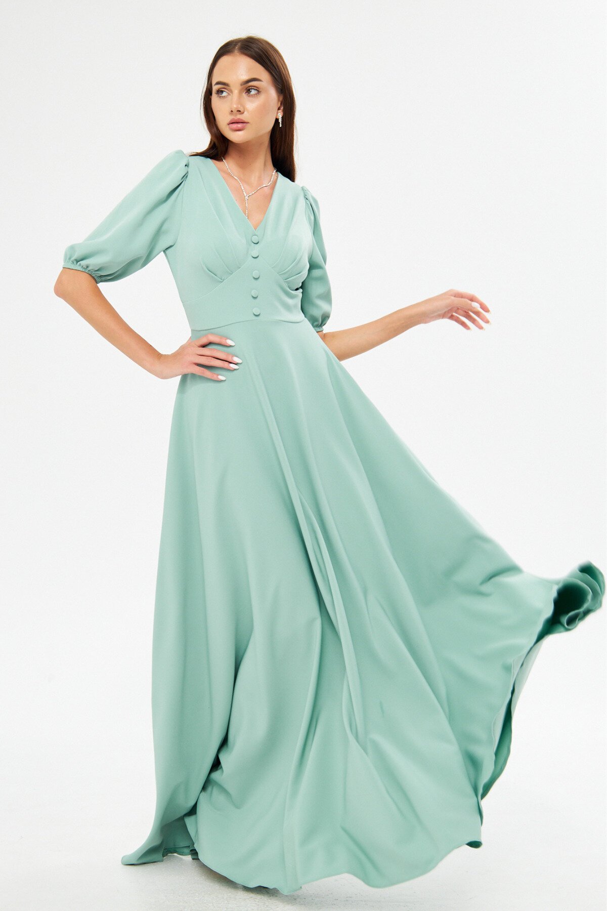 فستان سهرة طويل أخضر نعناعي ياقة V أكمام بالون حزام كورسيه - Bidoluelbise