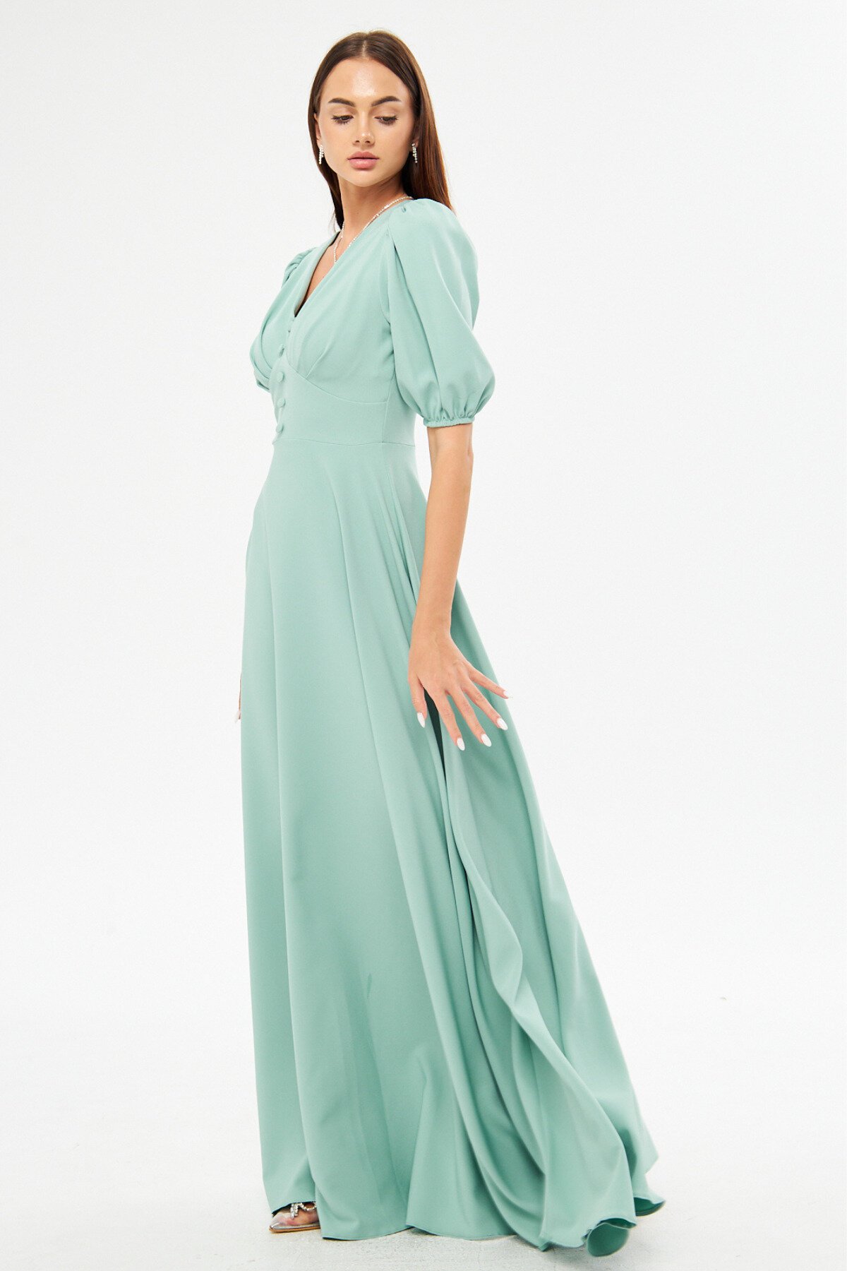 Long Balloon Sleeve V-Neck Corset Belt Detail Evening Dress - Mint Green - Bidoluelbise