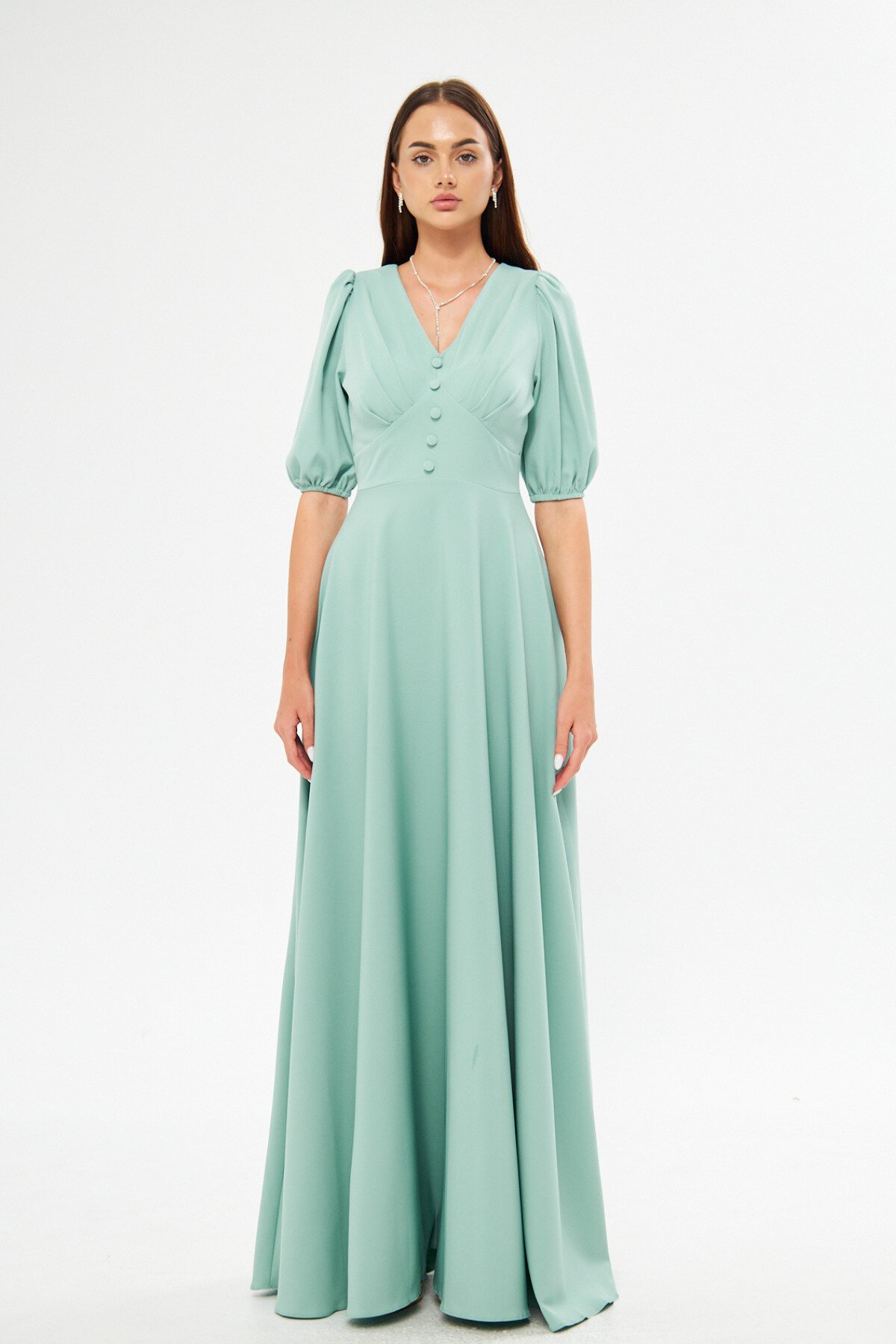 Long Balloon Sleeve V-Neck Corset Belt Detail Evening Dress - Mint Green - Bidoluelbise