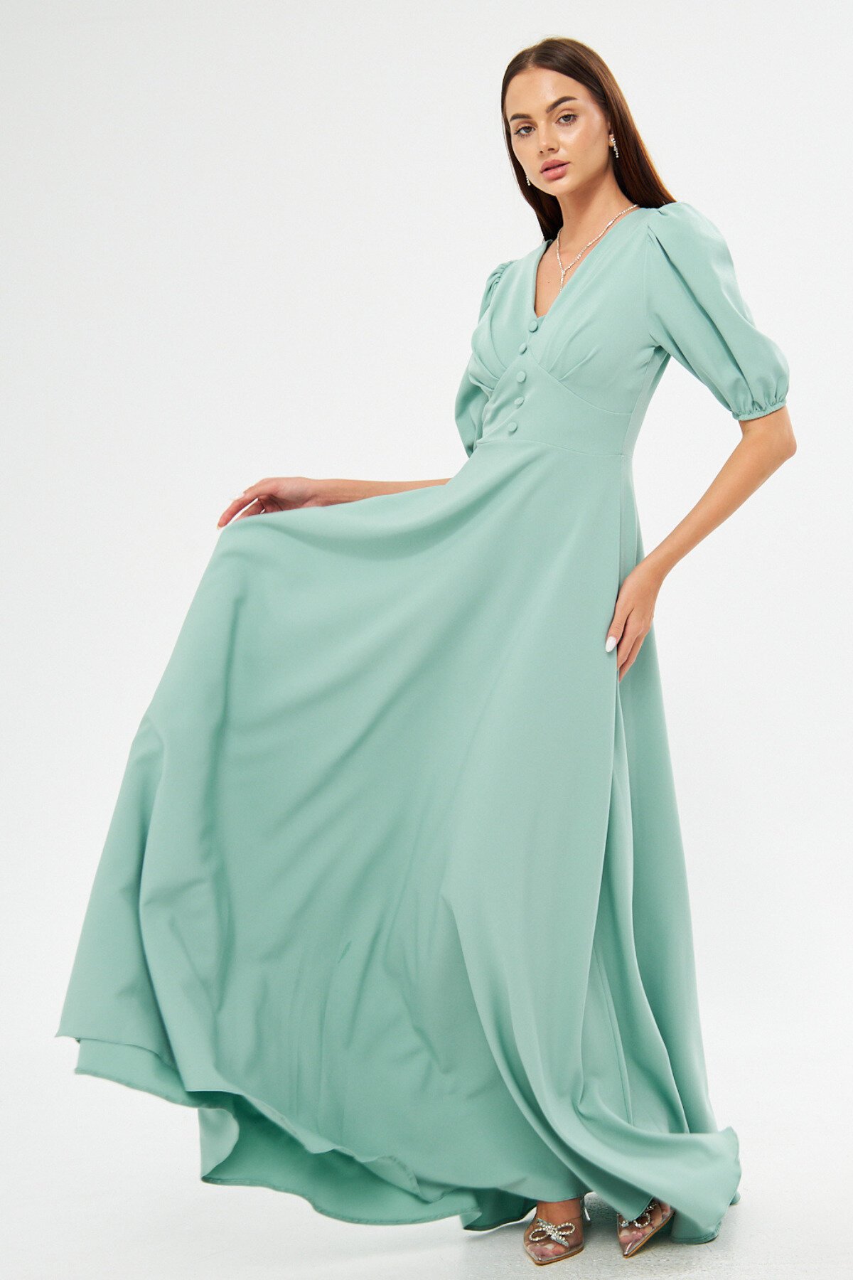Long Balloon Sleeve V-Neck Corset Belt Detail Evening Dress - Mint Green - Bidoluelbise