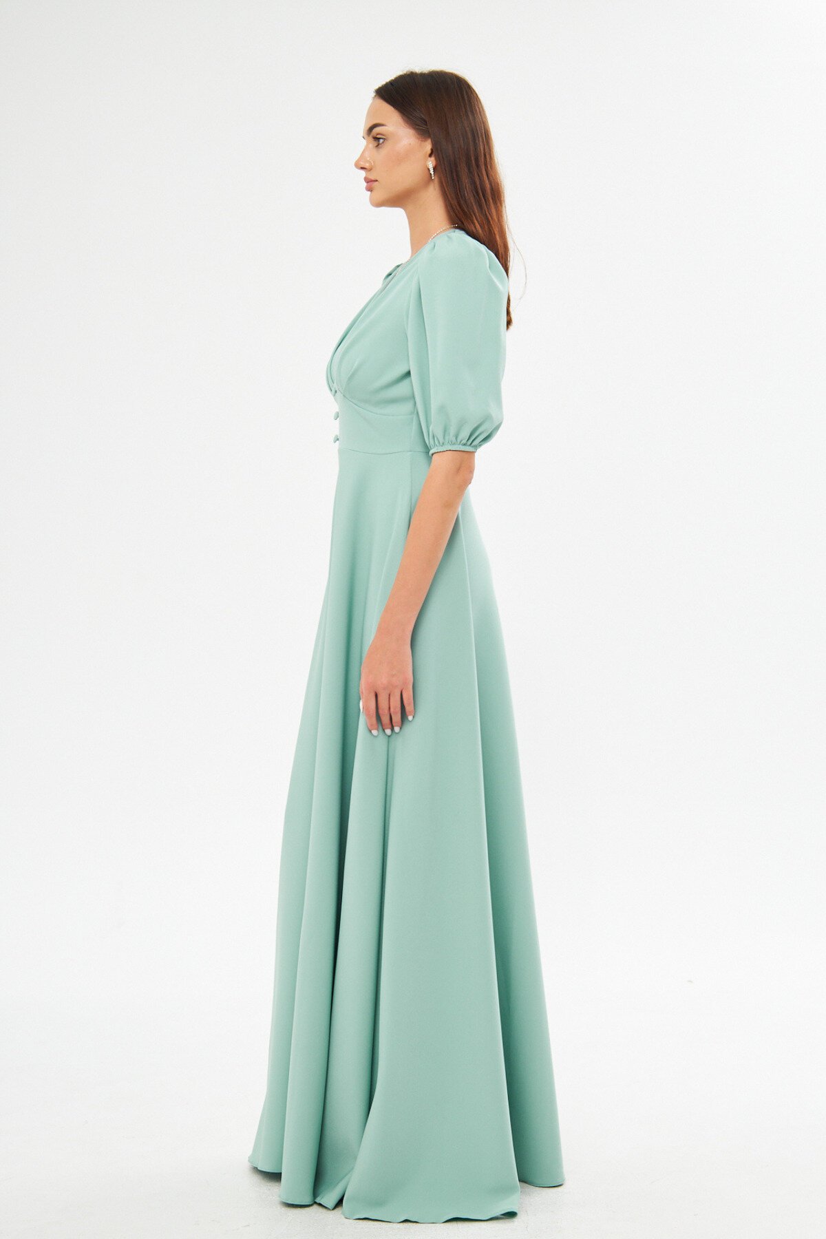Long Balloon Sleeve V-Neck Corset Belt Detail Evening Dress - Mint Green - Bidoluelbise