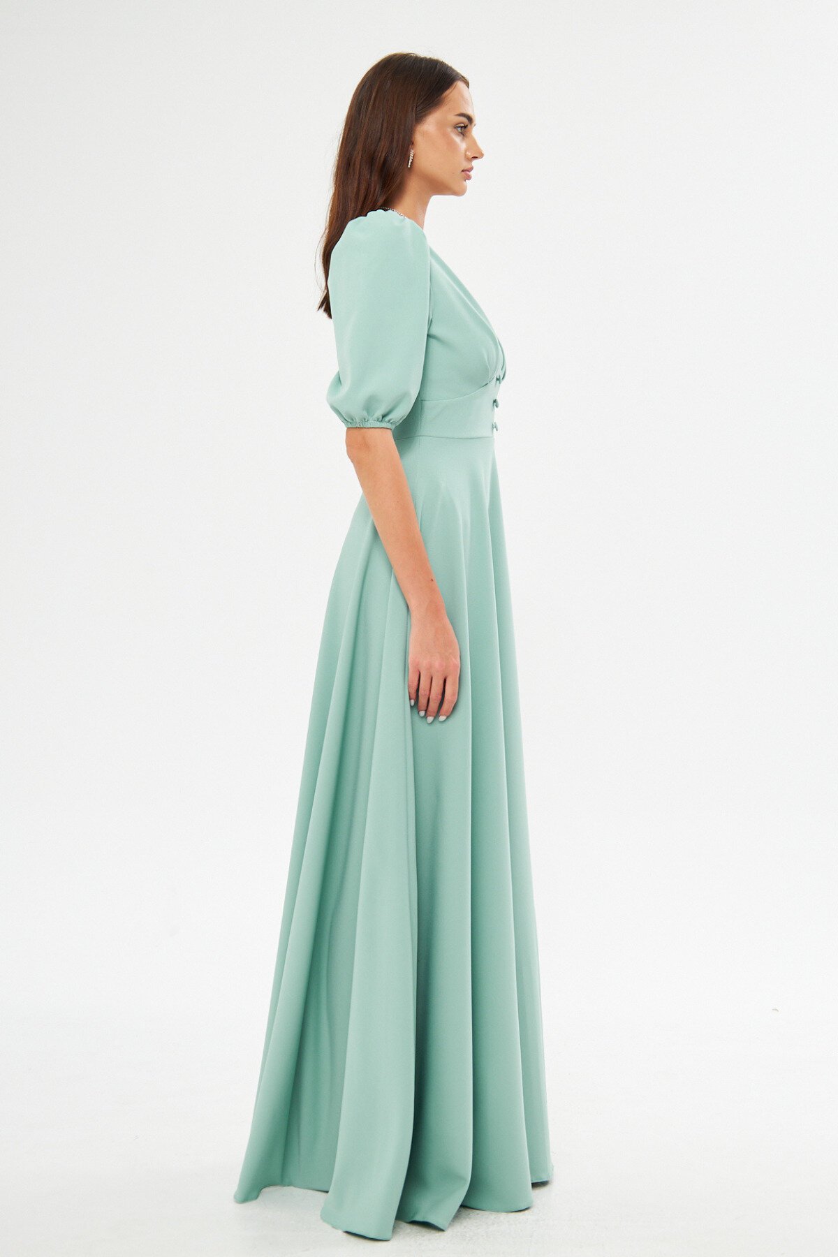 Long Balloon Sleeve V-Neck Corset Belt Detail Evening Dress - Mint Green - Bidoluelbise