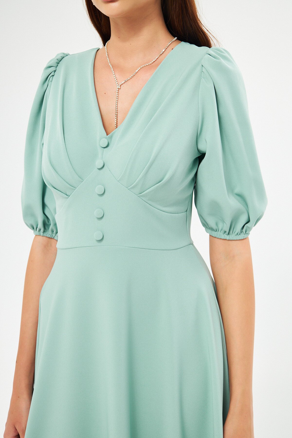 Long Balloon Sleeve V-Neck Corset Belt Detail Evening Dress - Mint Green - Bidoluelbise