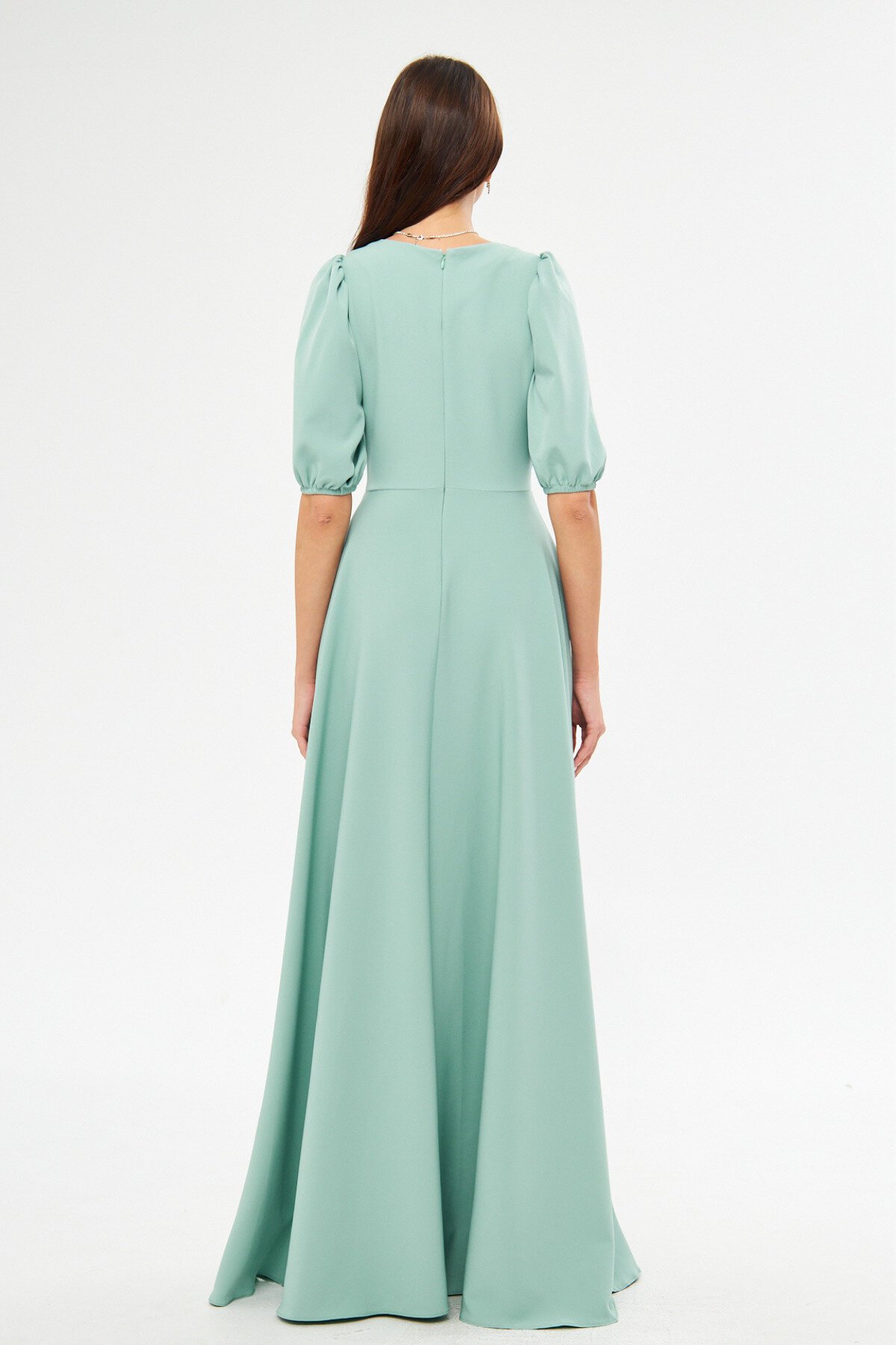 Long Balloon Sleeve V-Neck Corset Belt Detail Evening Dress - Mint Green - Bidoluelbise