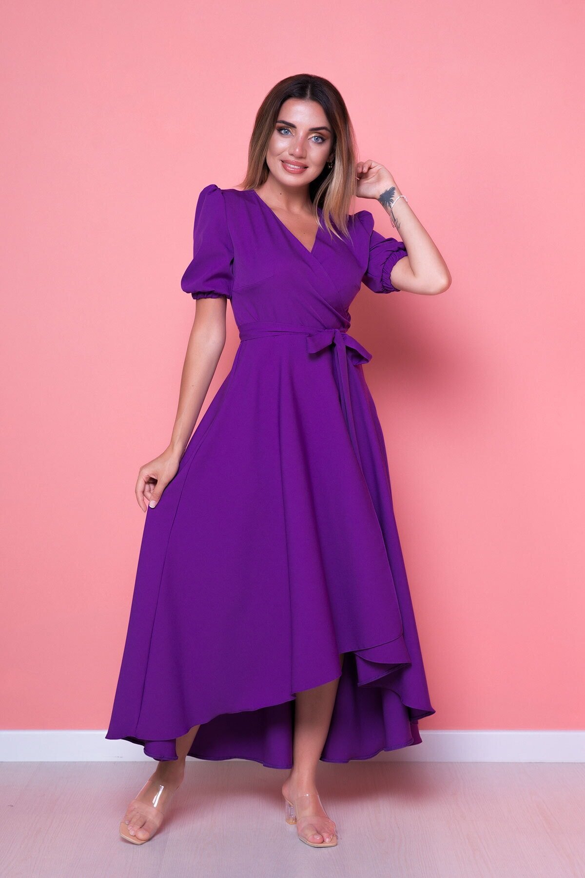 Mor Büyük Beden Uzun Asimetrik Kesim Elbise - Bidoluelbise