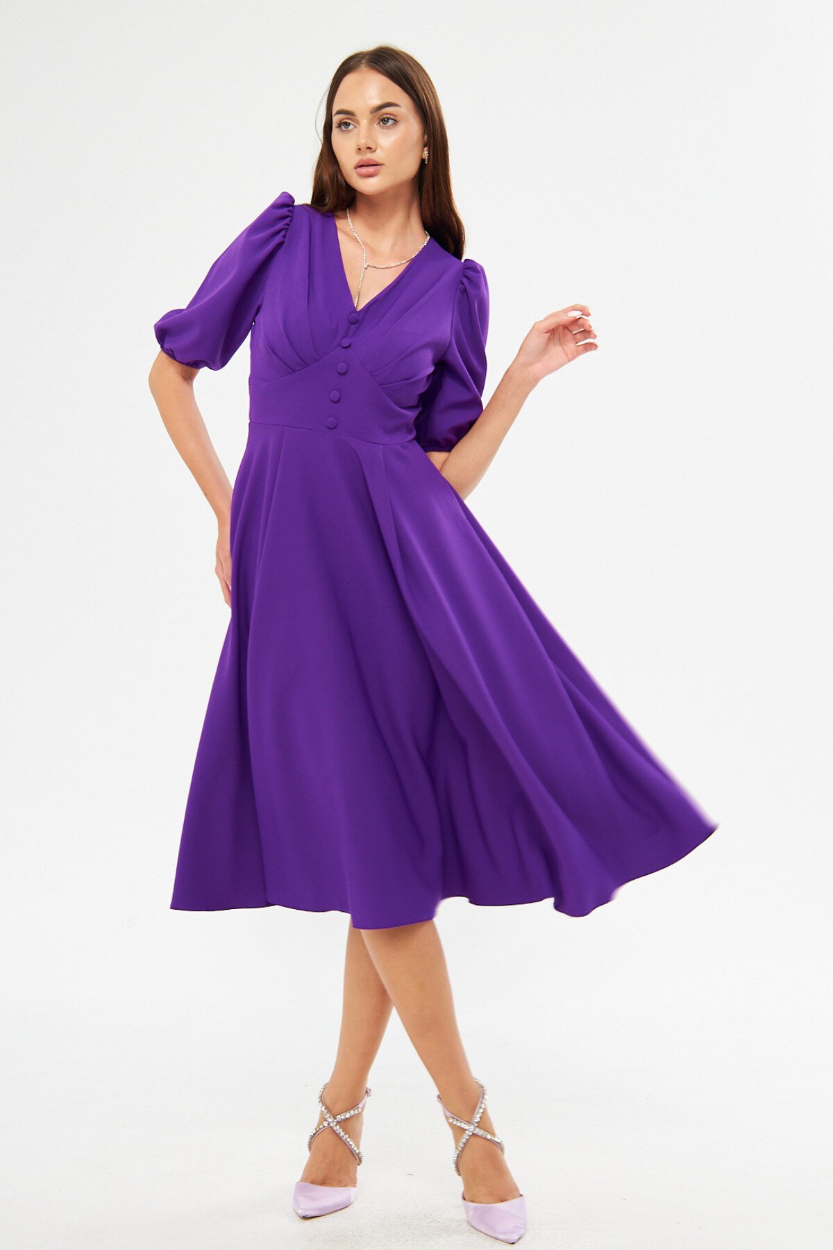 Midi Balloon Sleeve V-Neck Corset Detail Evening Dress - Purple - Bidoluelbise