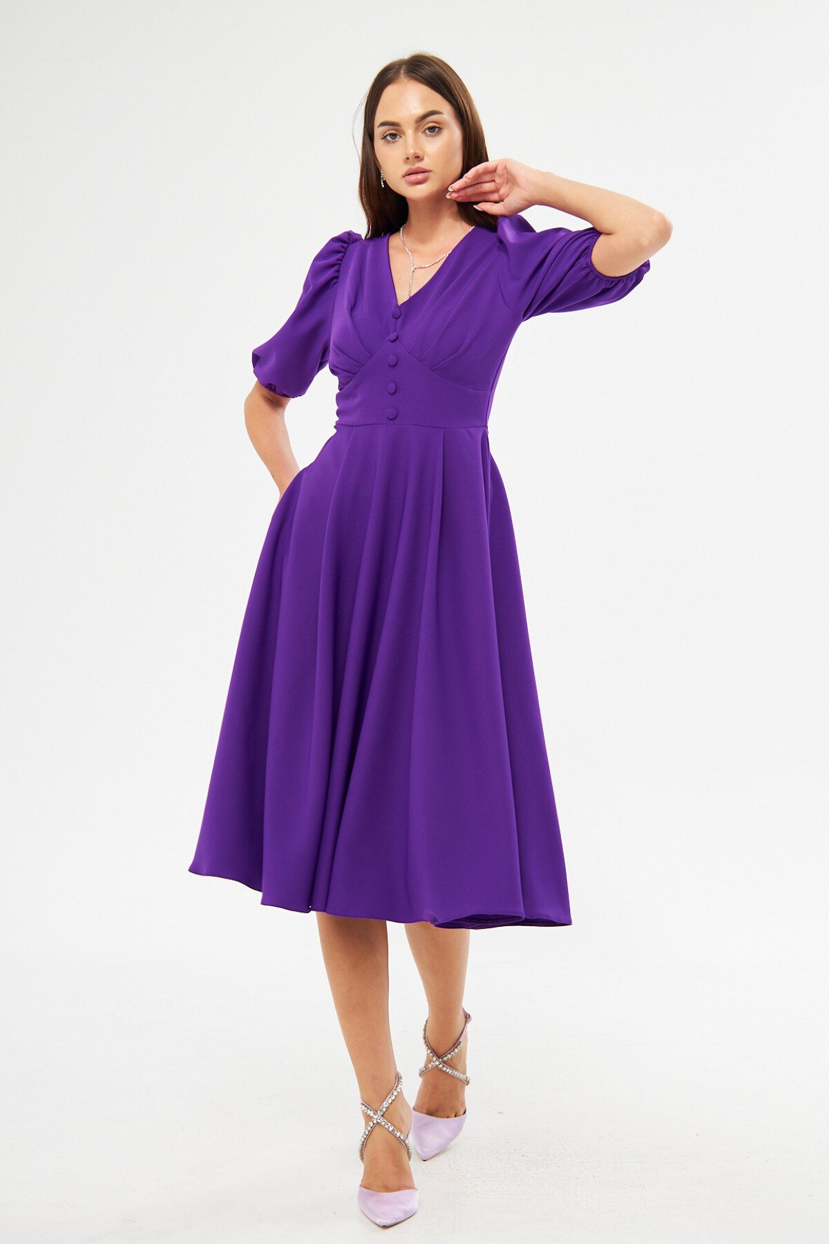 Midi Balloon Sleeve V-Neck Corset Detail Evening Dress - Purple - Bidoluelbise