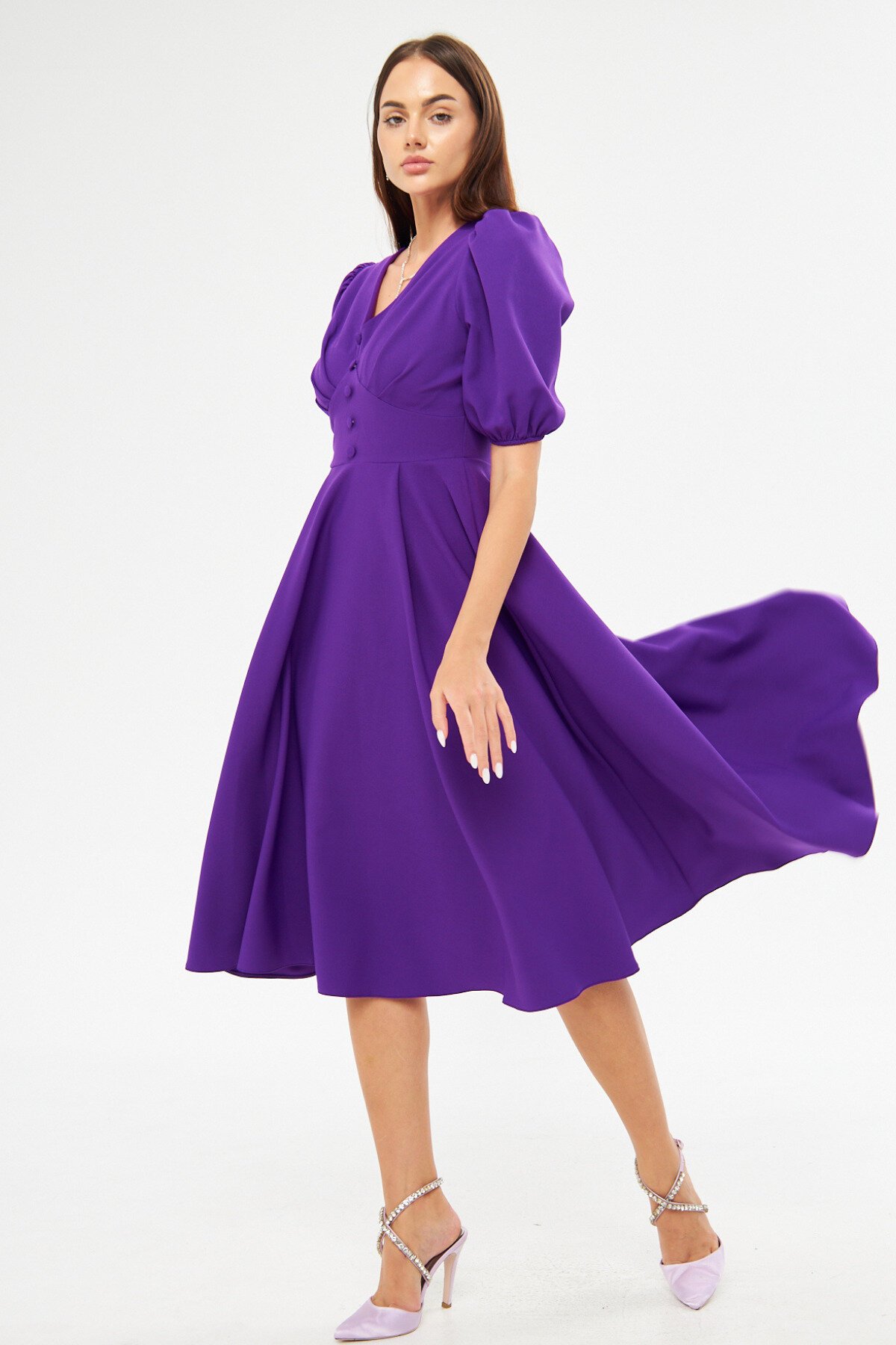 Midi Balloon Sleeve V-Neck Corset Detail Evening Dress - Purple - Bidoluelbise