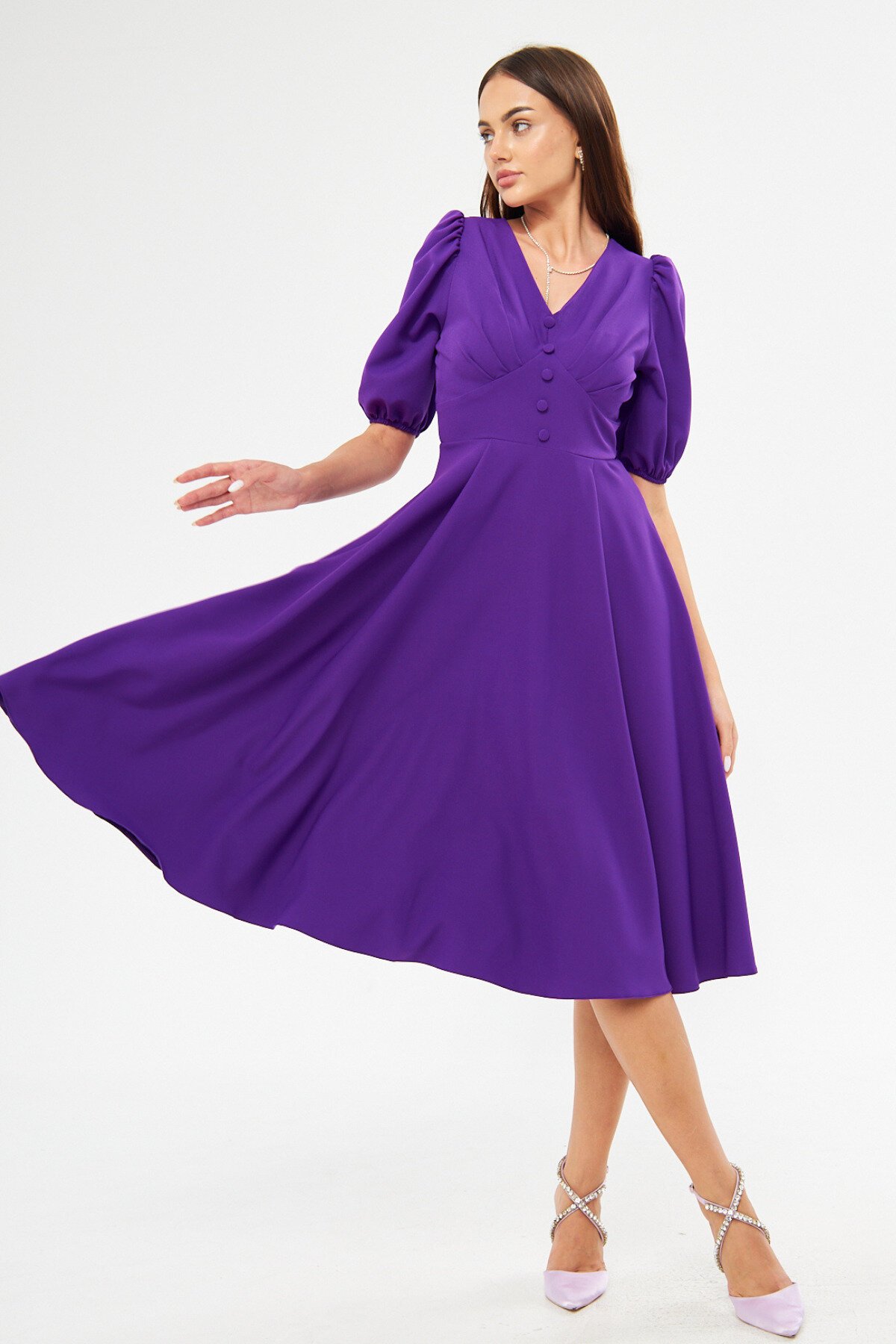 Midi Balloon Sleeve V-Neck Corset Detail Evening Dress - Purple - Bidoluelbise