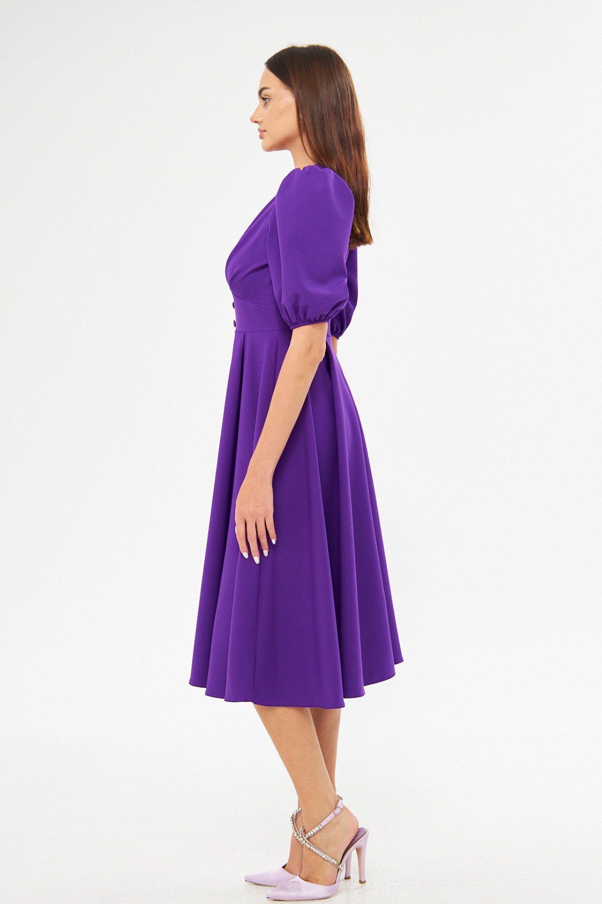 Midi Balloon Sleeve V-Neck Corset Detail Evening Dress - Purple - Bidoluelbise