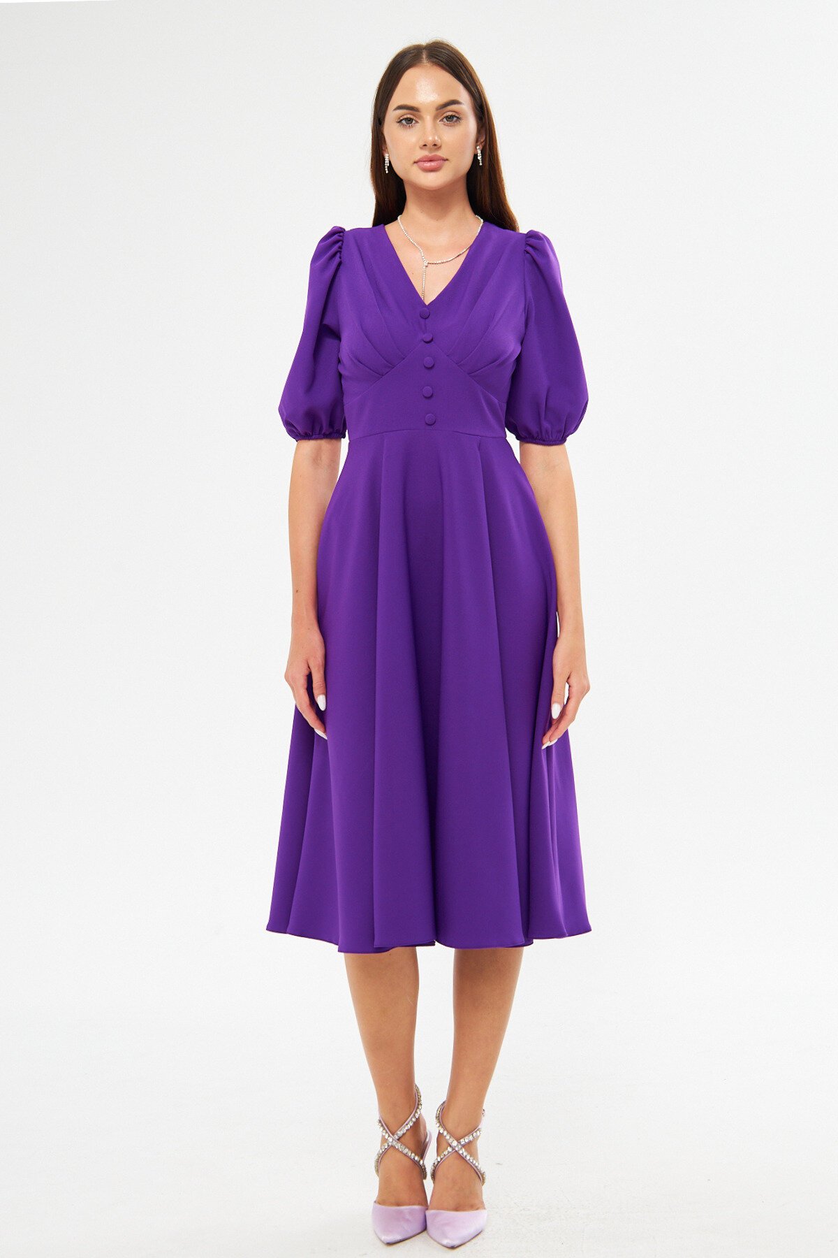 Midi Balloon Sleeve V-Neck Corset Detail Evening Dress - Purple - Bidoluelbise