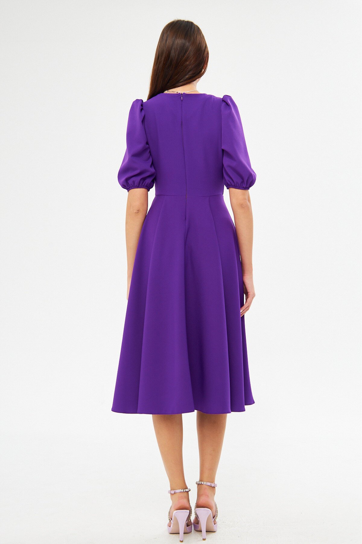 Midi Balloon Sleeve V-Neck Corset Detail Evening Dress - Purple - Bidoluelbise