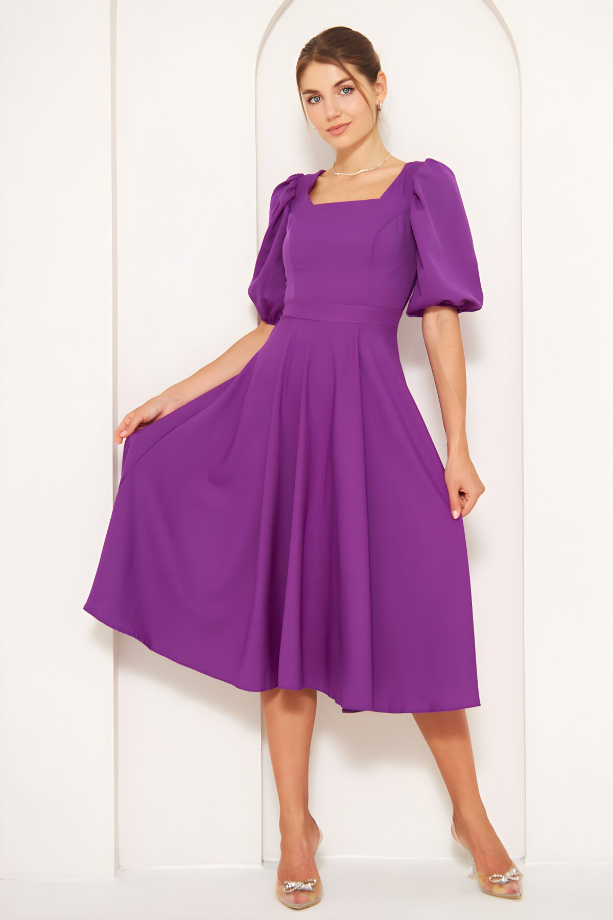 Midi Balloon Sleeve Square Neck Dress - Purple - Bidoluelbise