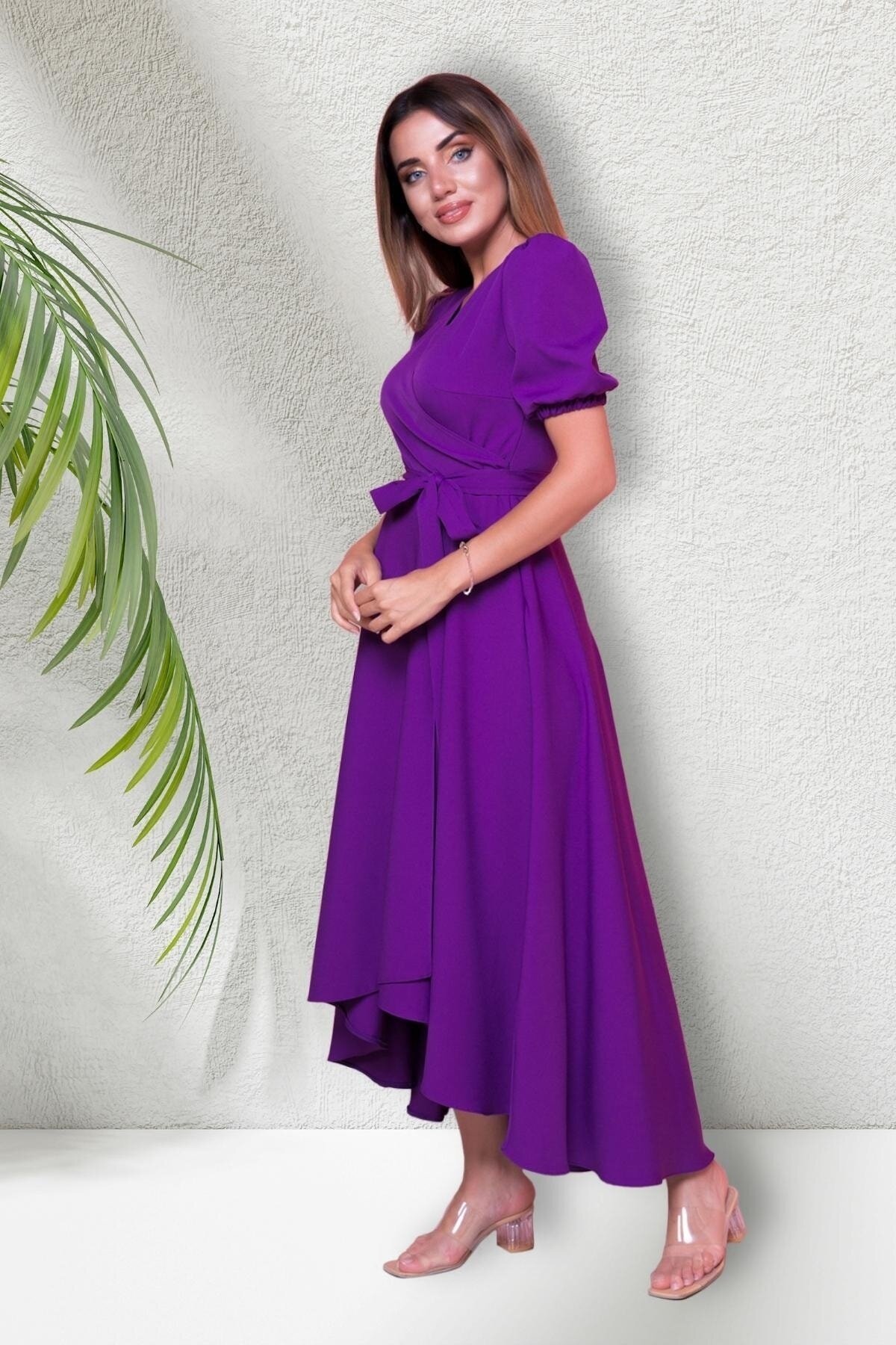 Long Asymmetric Short-Sleeve Crossover-Neck Evening Dress - Purple - Bidoluelbise