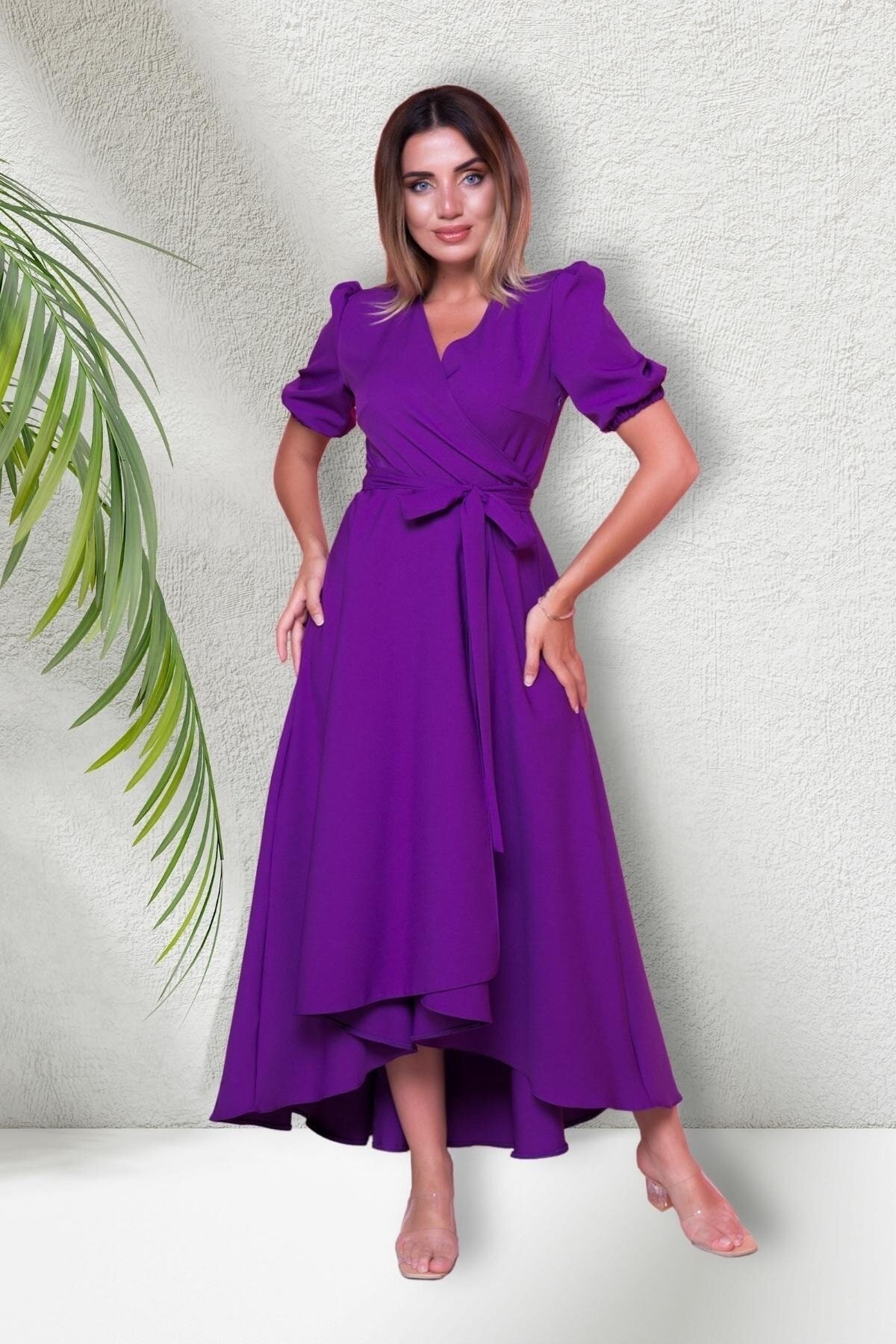 Long Asymmetric Short-Sleeve Crossover-Neck Evening Dress - Purple - Bidoluelbise