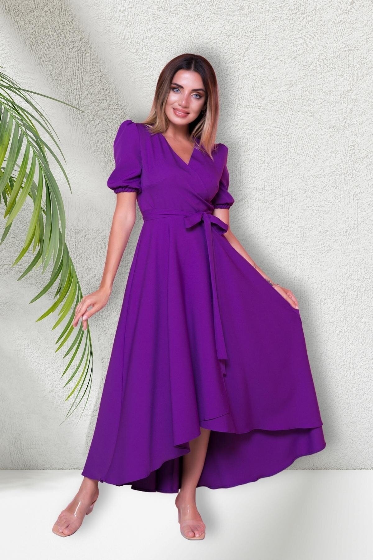 Long Asymmetric Short-Sleeve Crossover-Neck Evening Dress - Purple - Bidoluelbise