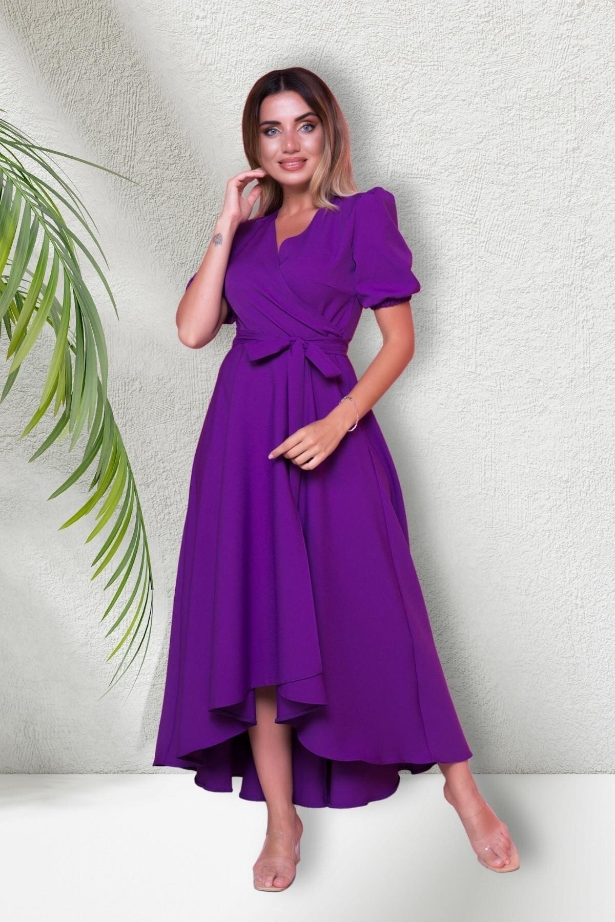 Long Asymmetric Short-Sleeve Crossover-Neck Evening Dress - Purple - Bidoluelbise