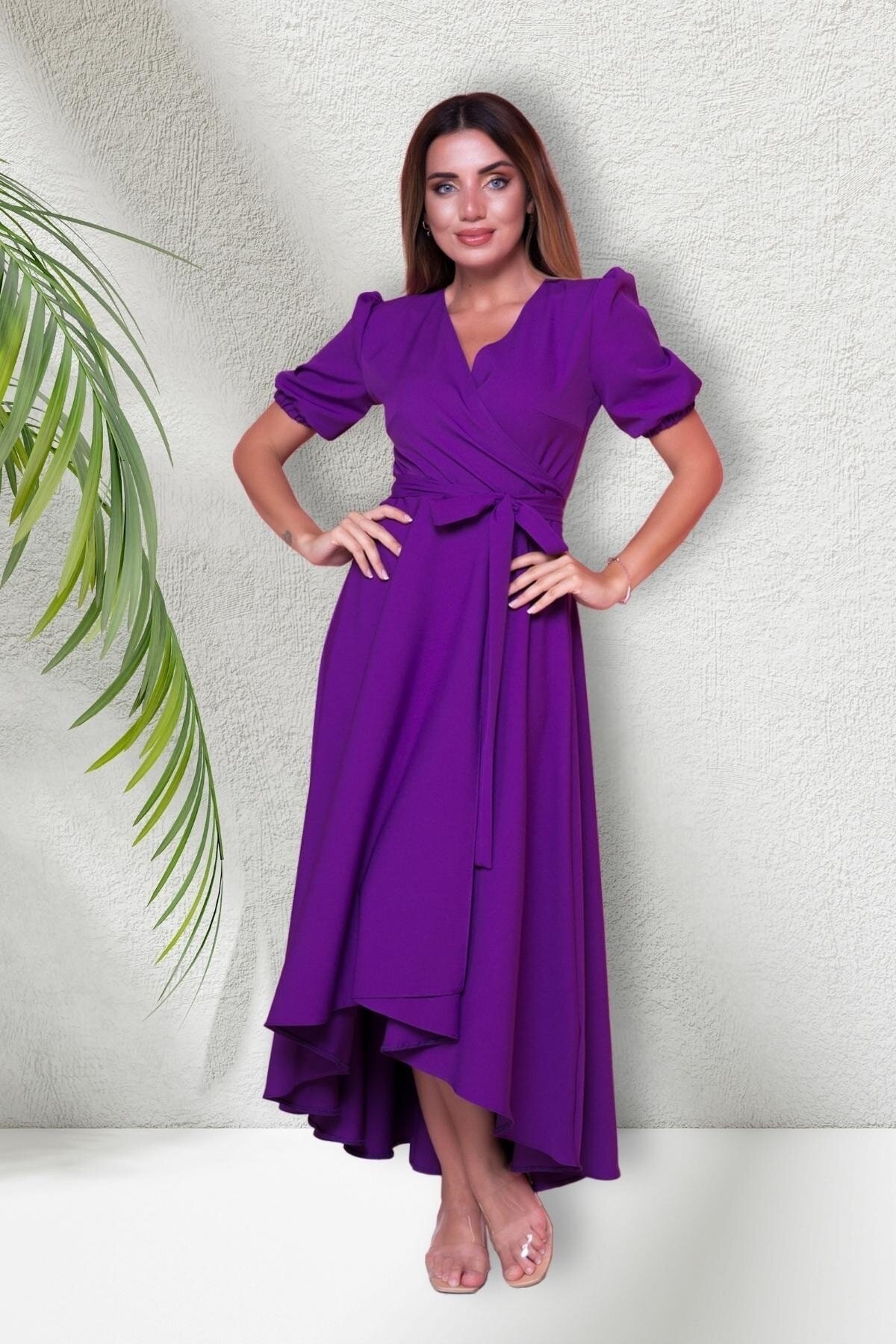 Long Asymmetric Short-Sleeve Crossover-Neck Evening Dress - Purple - Bidoluelbise