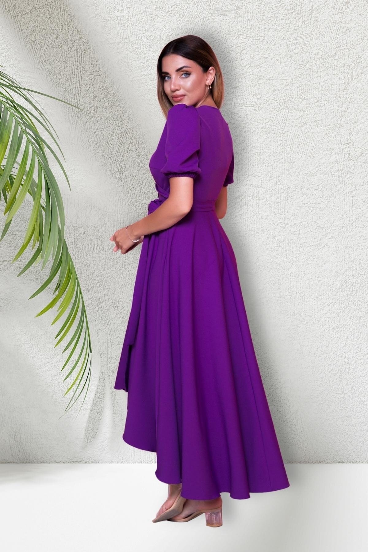 Long Asymmetric Short-Sleeve Crossover-Neck Evening Dress - Purple - Bidoluelbise
