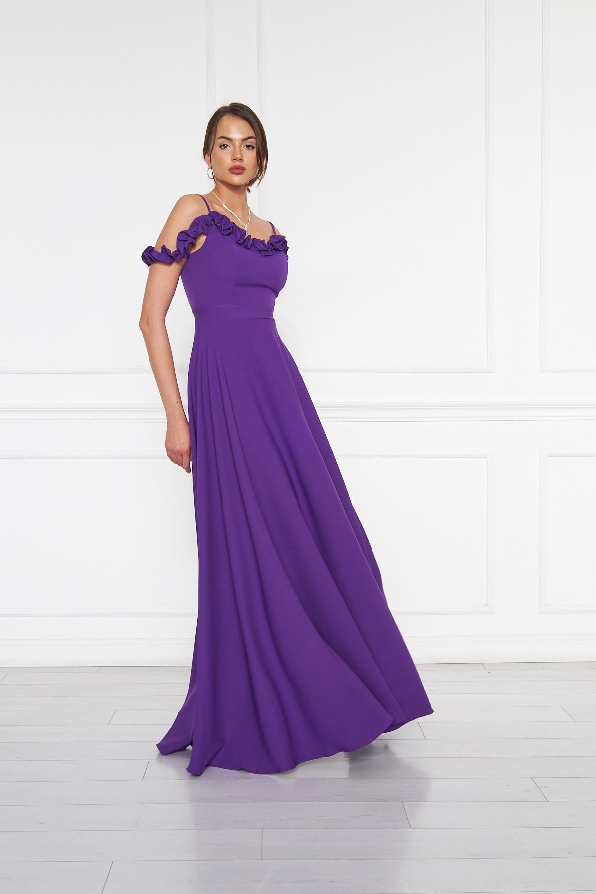 Long Flared Ruffle Detail Evening Dress - Purple - Bidoluelbise