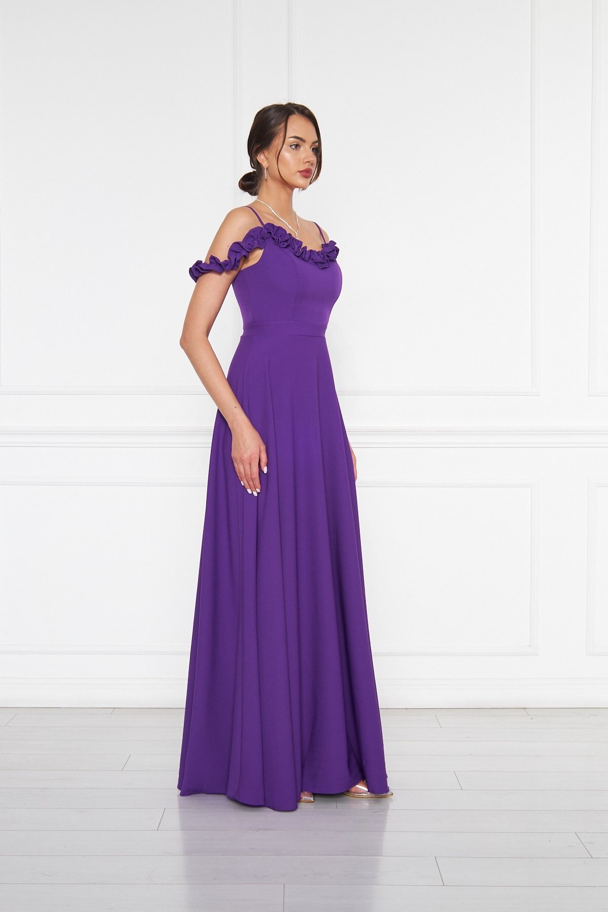 Long Flared Ruffle Detail Evening Dress - Purple - Bidoluelbise