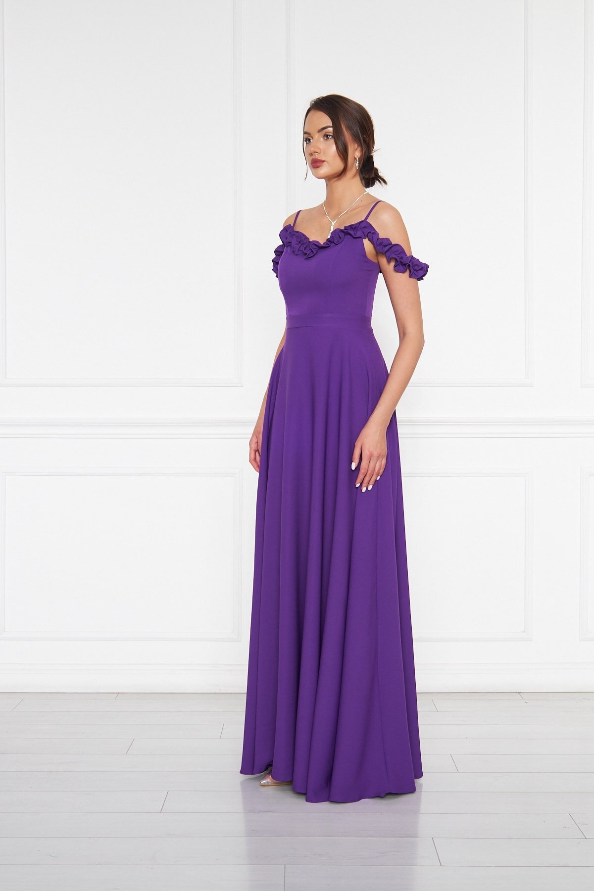 Long Flared Ruffle Detail Evening Dress - Purple - Bidoluelbise