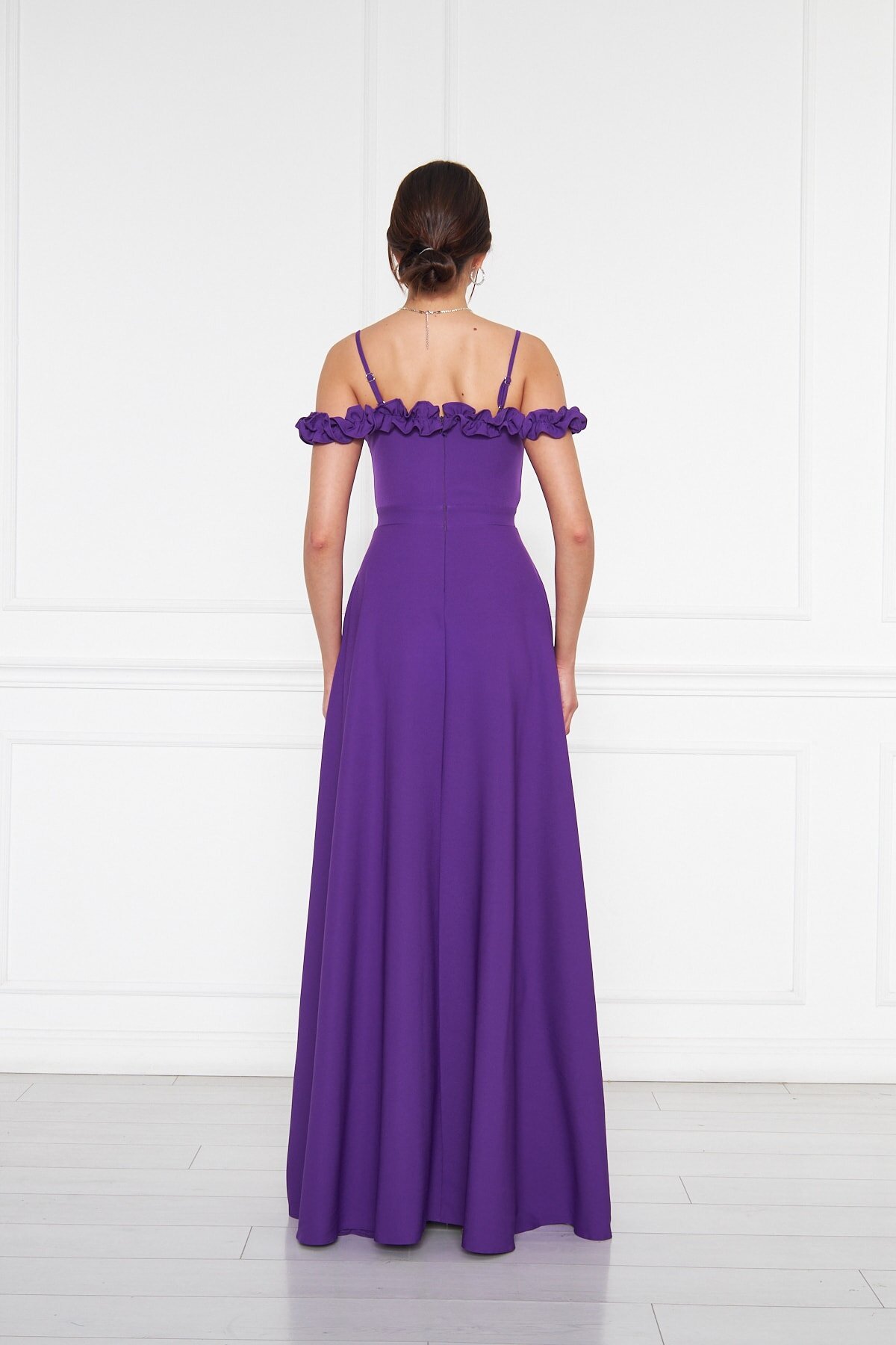 Long Flared Ruffle Detail Evening Dress - Purple - Bidoluelbise