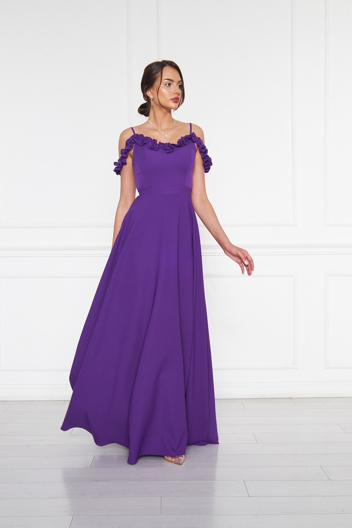 Long Flared Ruffle Detail Evening Dress - Purple - Bidoluelbise