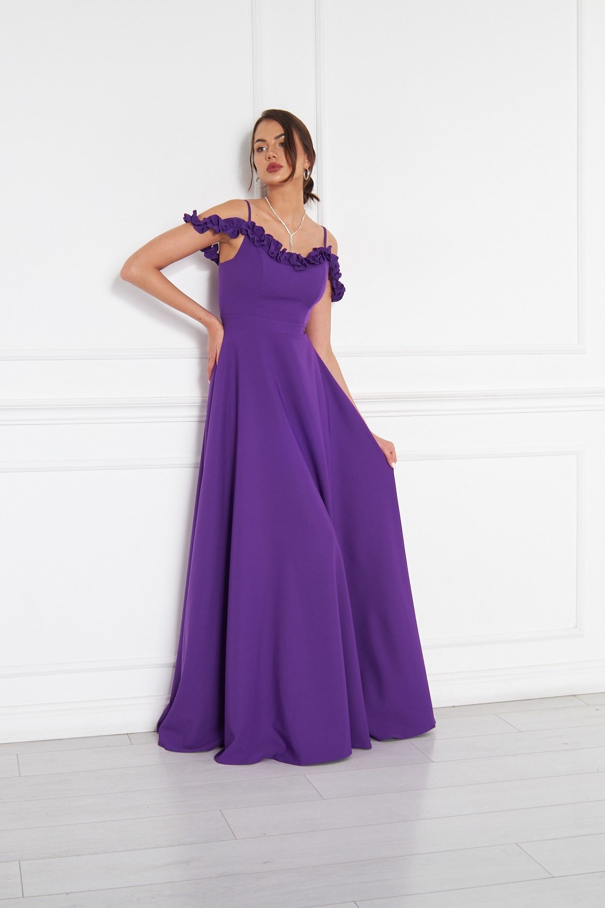 Long Flared Ruffle Detail Evening Dress - Purple - Bidoluelbise