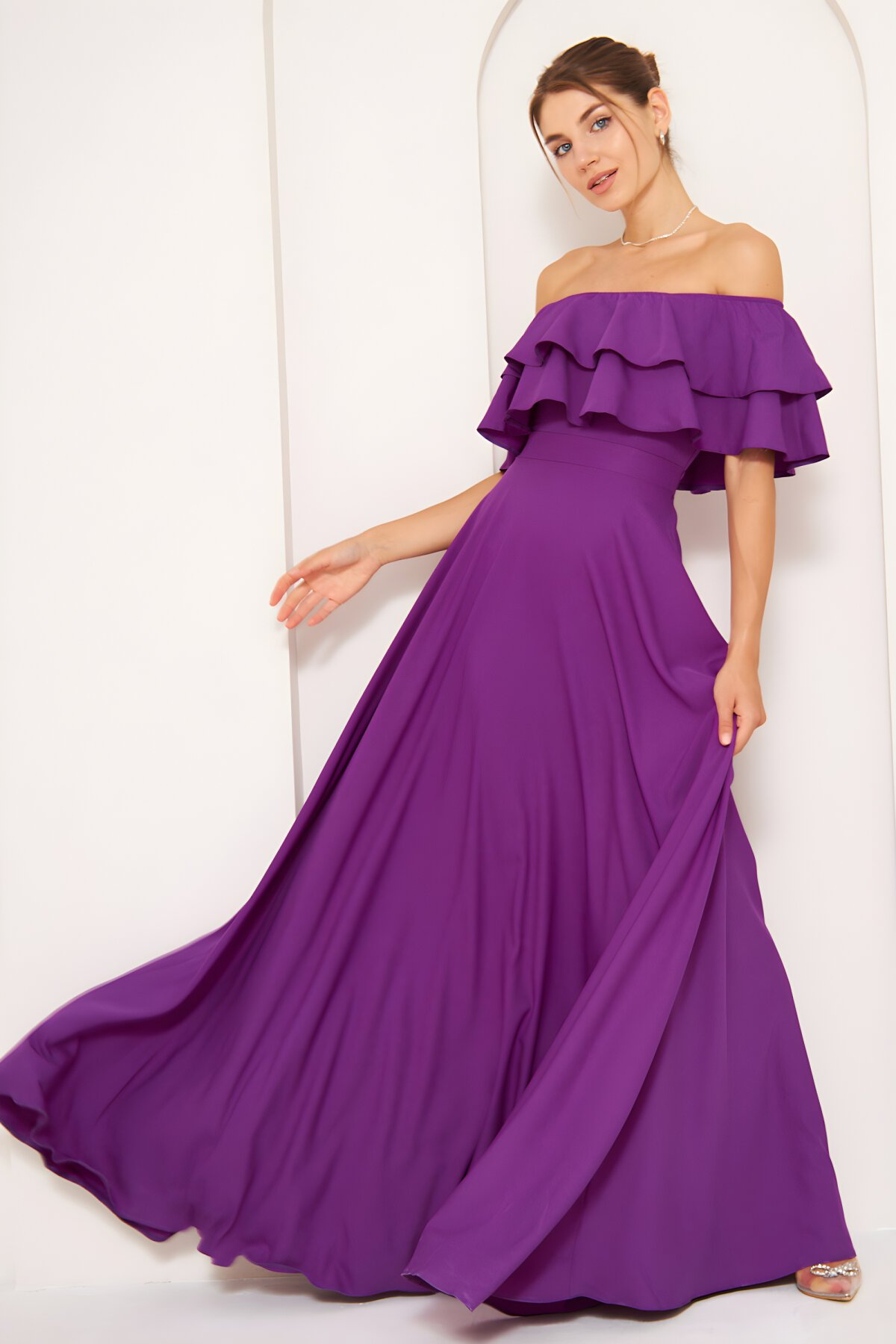 Long Flared Drop-Shoulder Ruffle-Neck Evening Dress - Purple - Bidoluelbise