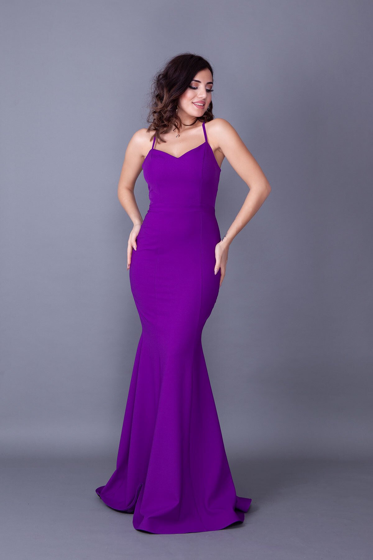 Long Strapless Mermaid Tie-Back Evening Dress - Purple - Bidoluelbise
