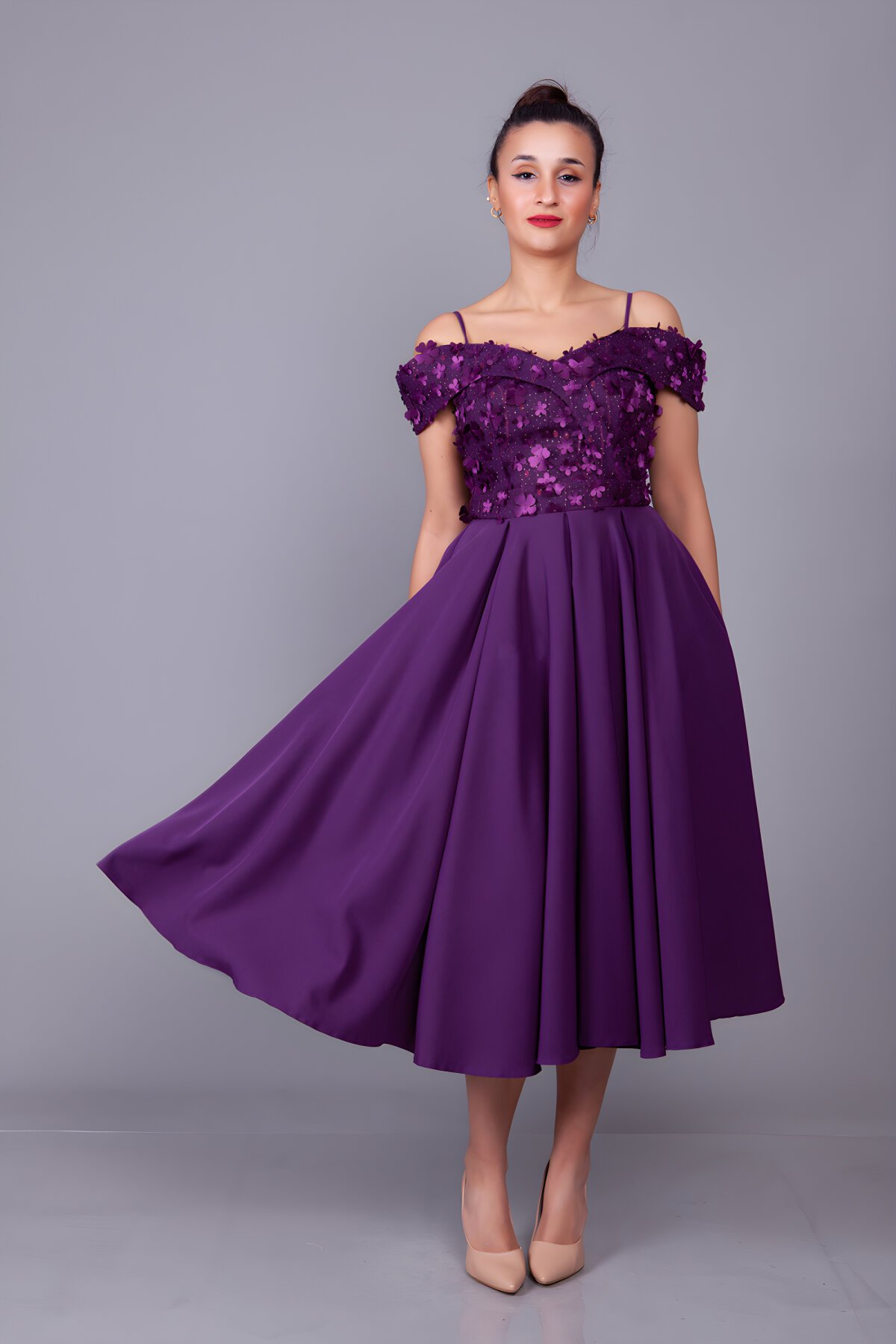Midi Floral Flared Off-Shoulder Tulle Evening Dress - Plum - Bidoluelbise