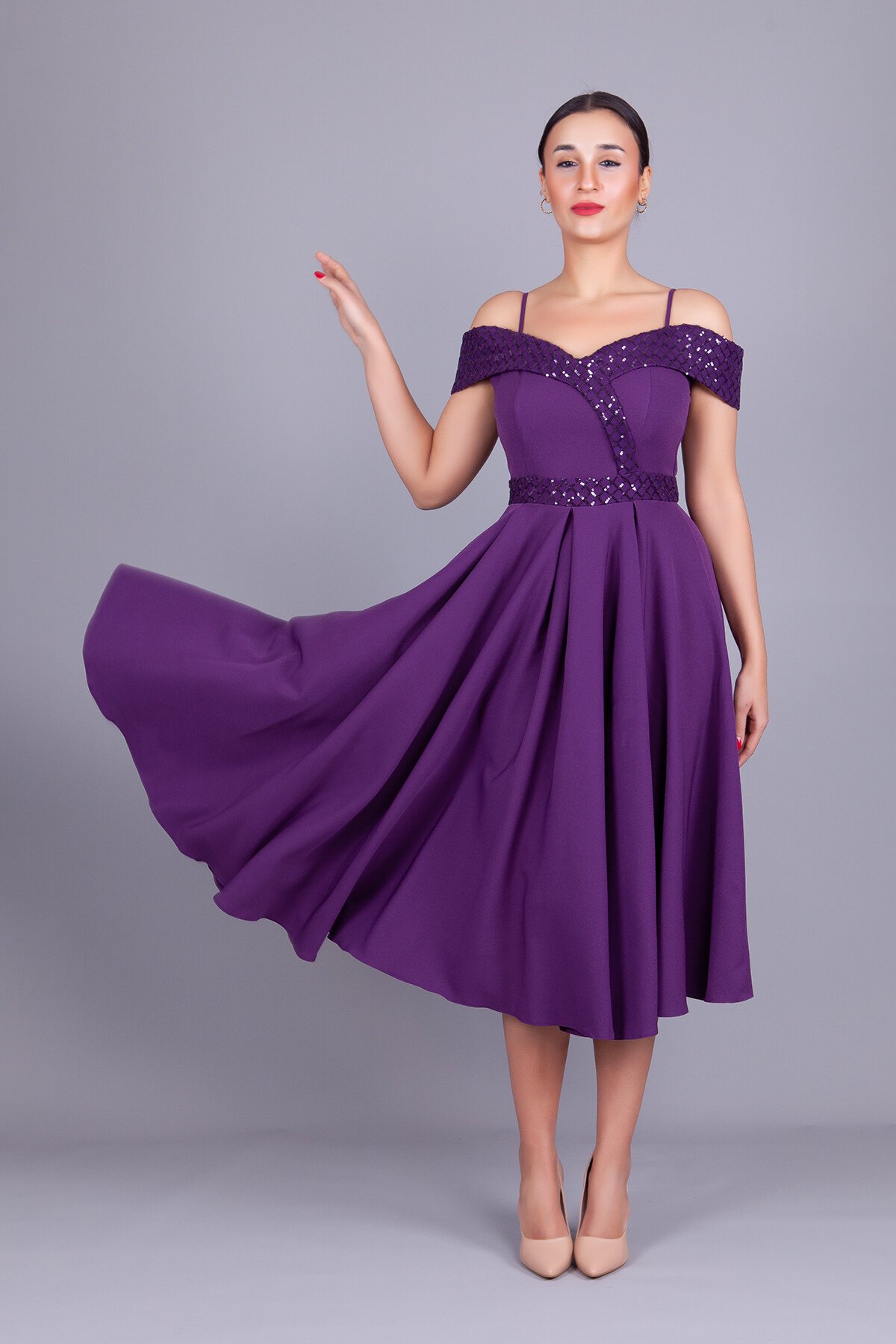 Midi Flared Plaid Sequin Off-Shoulder Evening Dress - Plum - Bidoluelbise