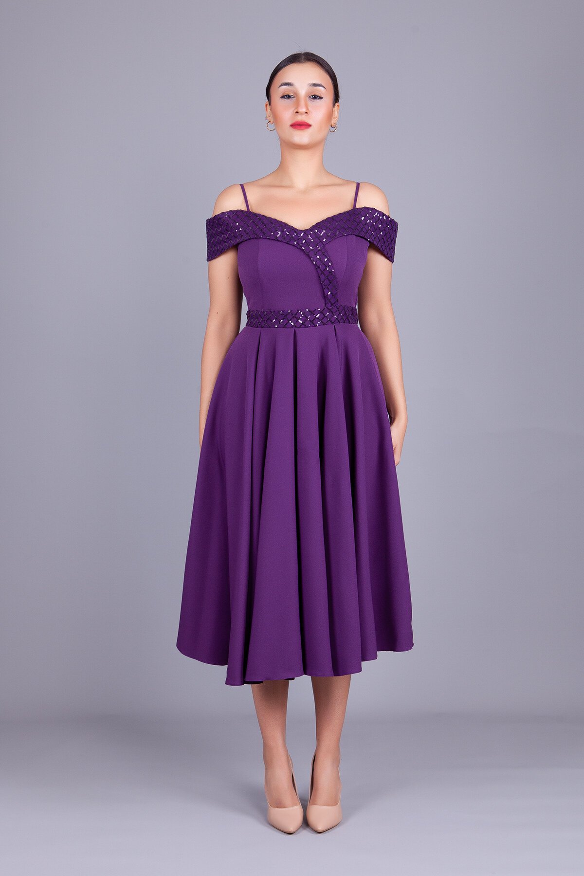 Midi Flared Plaid Sequin Off-Shoulder Evening Dress - Plum - Bidoluelbise