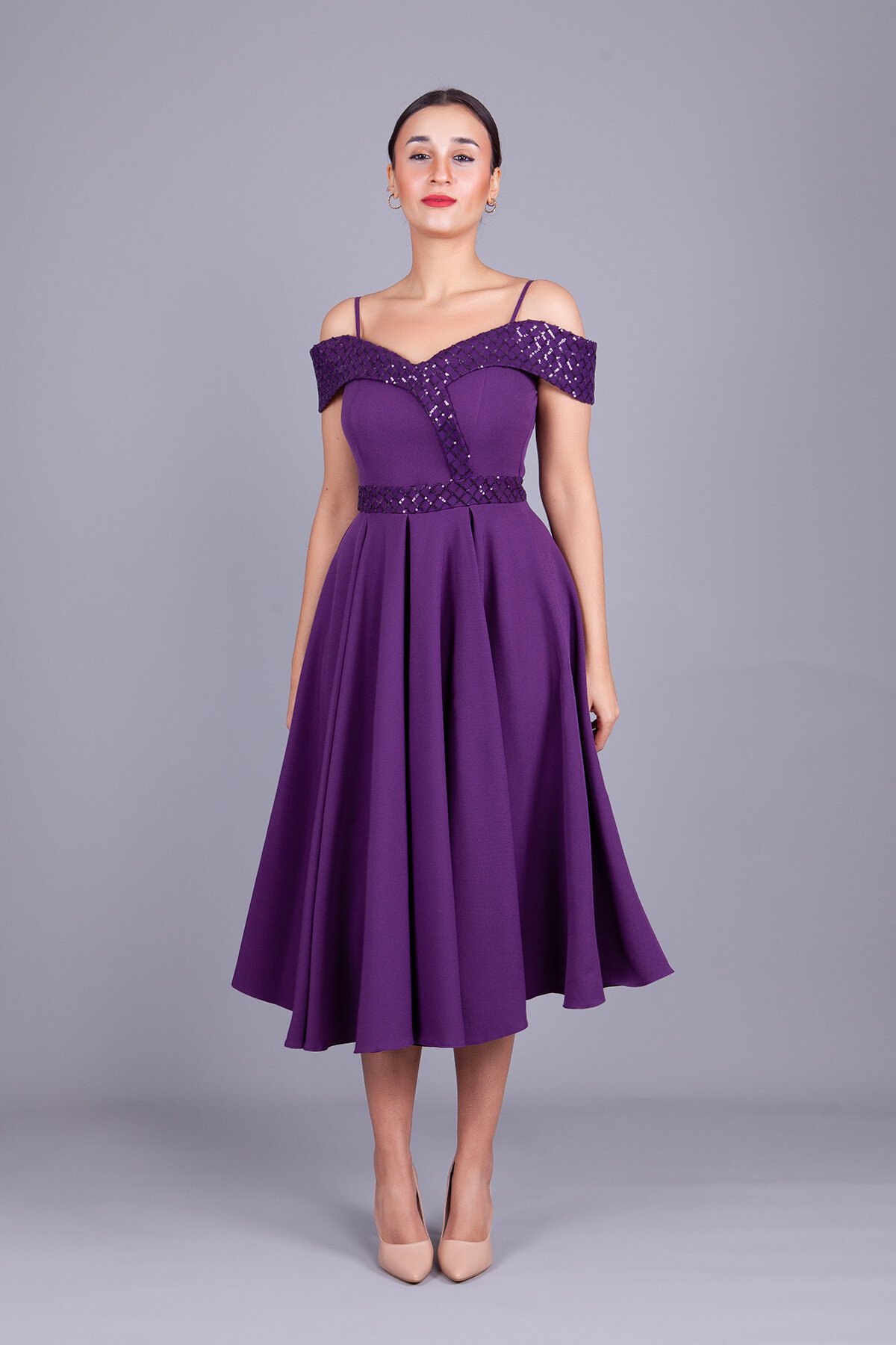 Midi Flared Plaid Sequin Off-Shoulder Evening Dress - Plum - Bidoluelbise