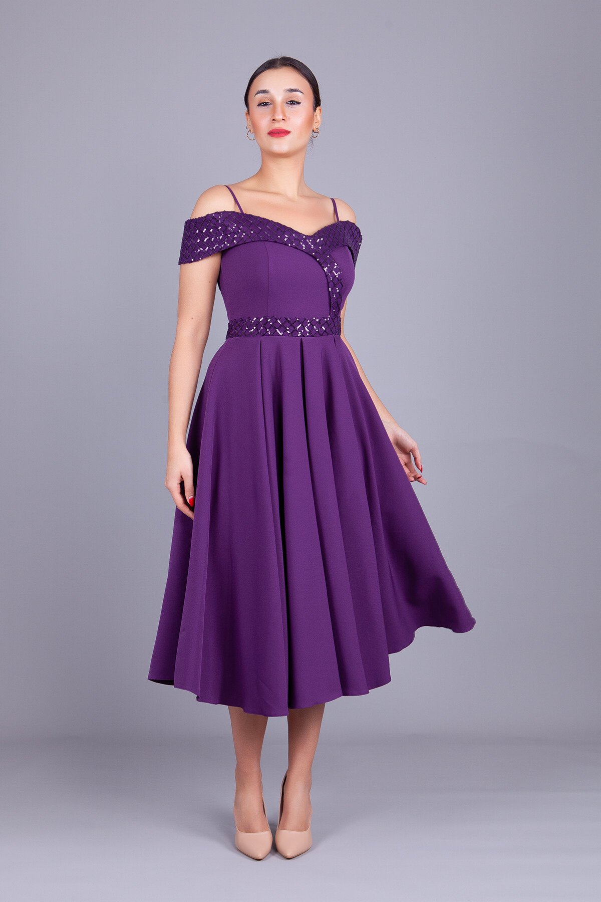 Midi Flared Plaid Sequin Off-Shoulder Evening Dress - Plum - Bidoluelbise