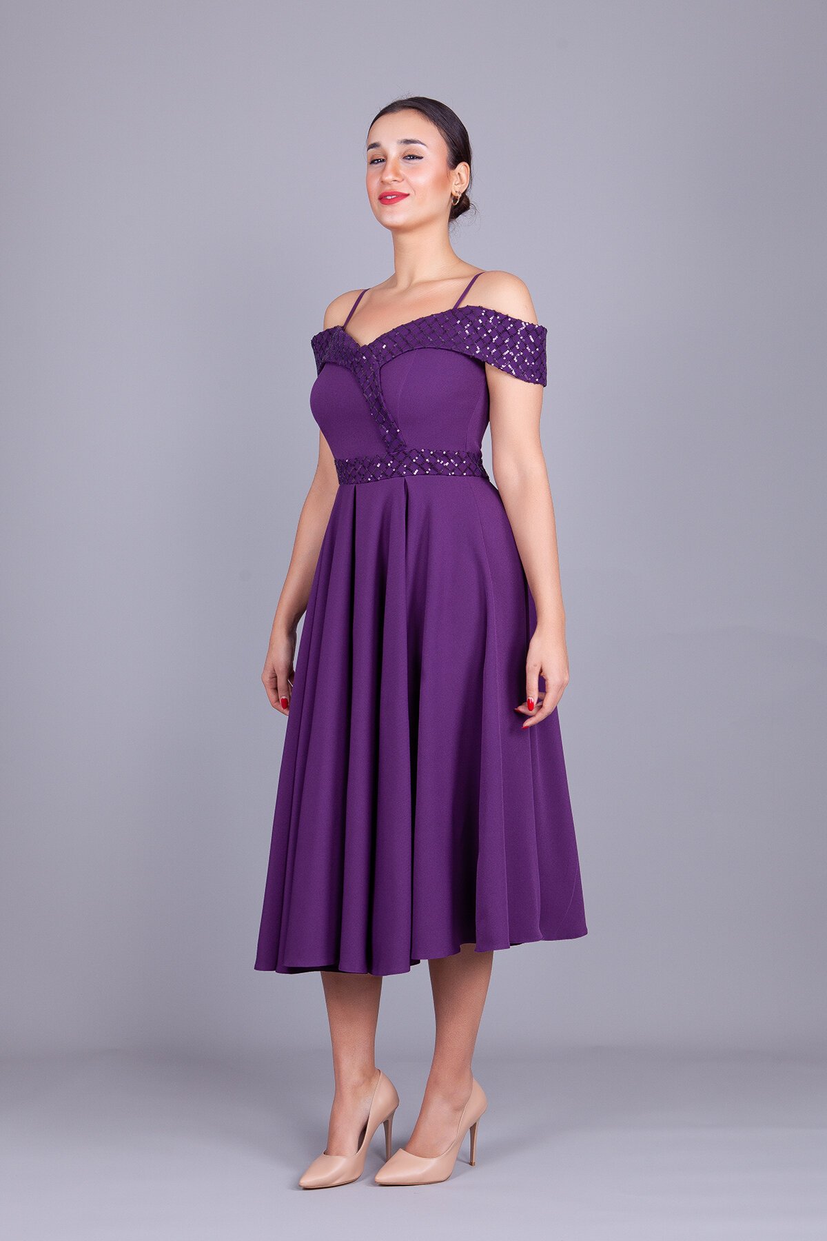 Midi Flared Plaid Sequin Off-Shoulder Evening Dress - Plum - Bidoluelbise