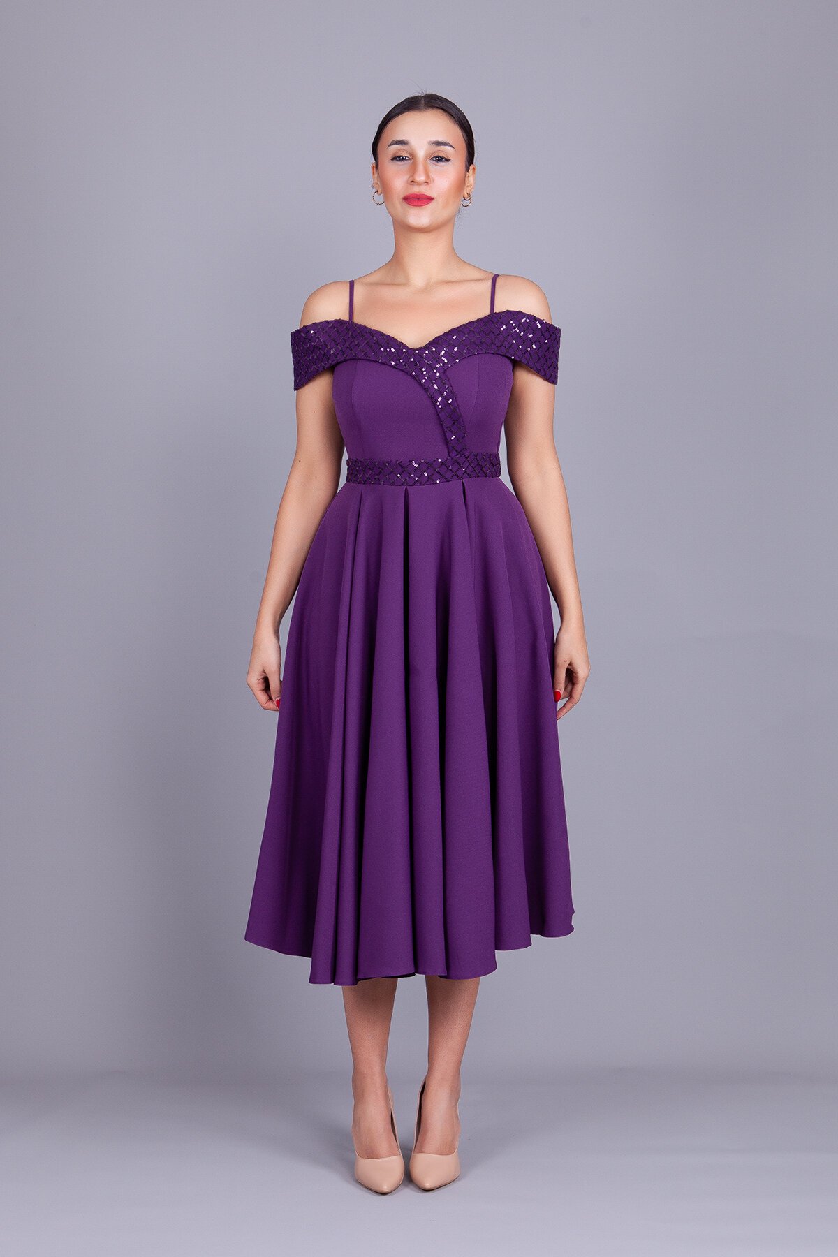 Midi Flared Plaid Sequin Off-Shoulder Evening Dress - Plum - Bidoluelbise