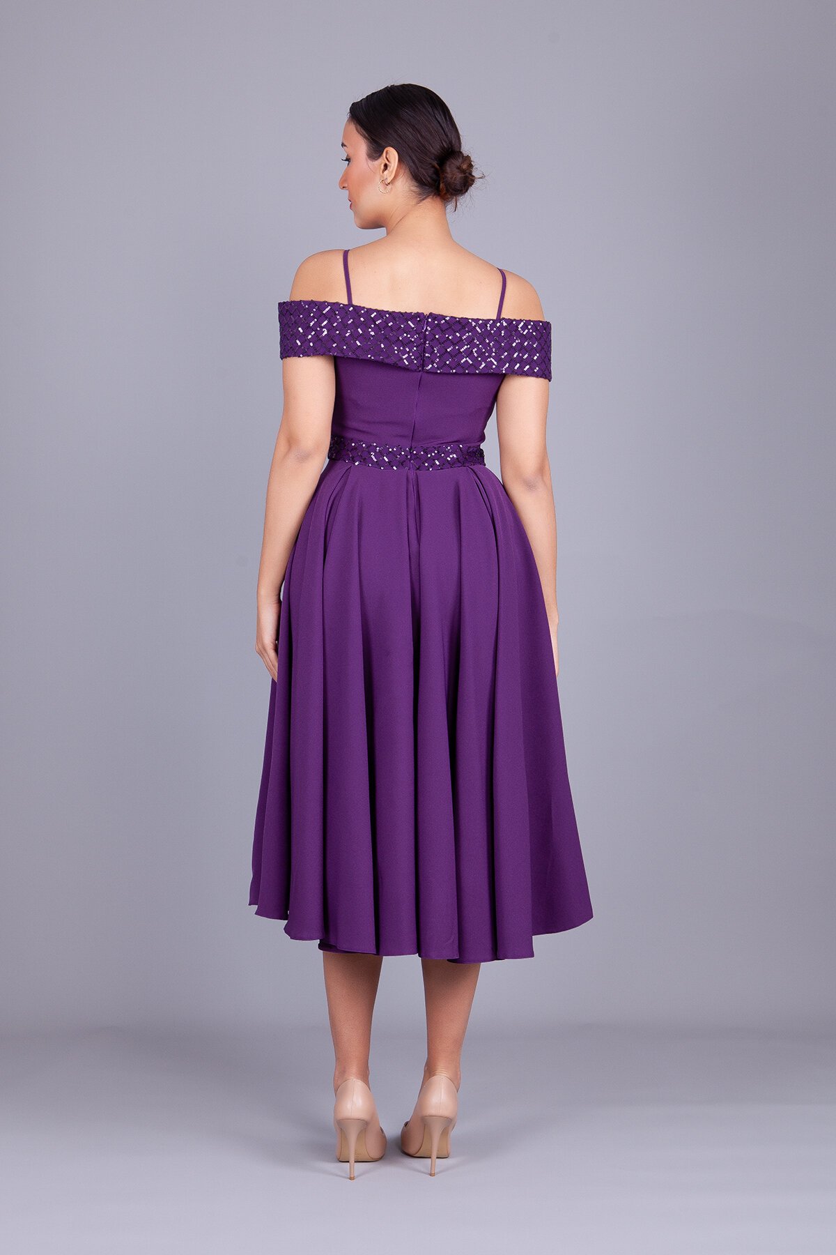 Midi Flared Plaid Sequin Off-Shoulder Evening Dress - Plum - Bidoluelbise