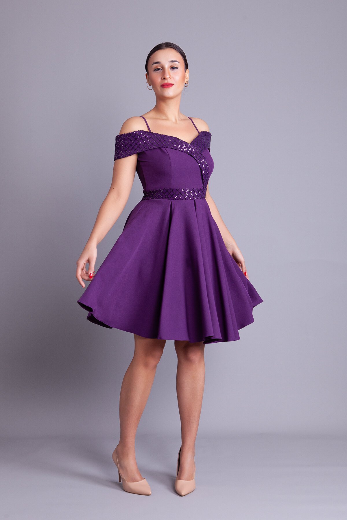 Mini Flared Strappy Checked Sequin Off-Shoulder Evening Dress - Plum - Bidoluelbise