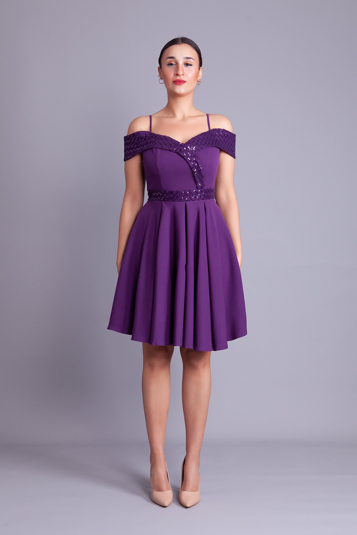 Mini Flared Strappy Checked Sequin Off-Shoulder Evening Dress - Plum - Bidoluelbise