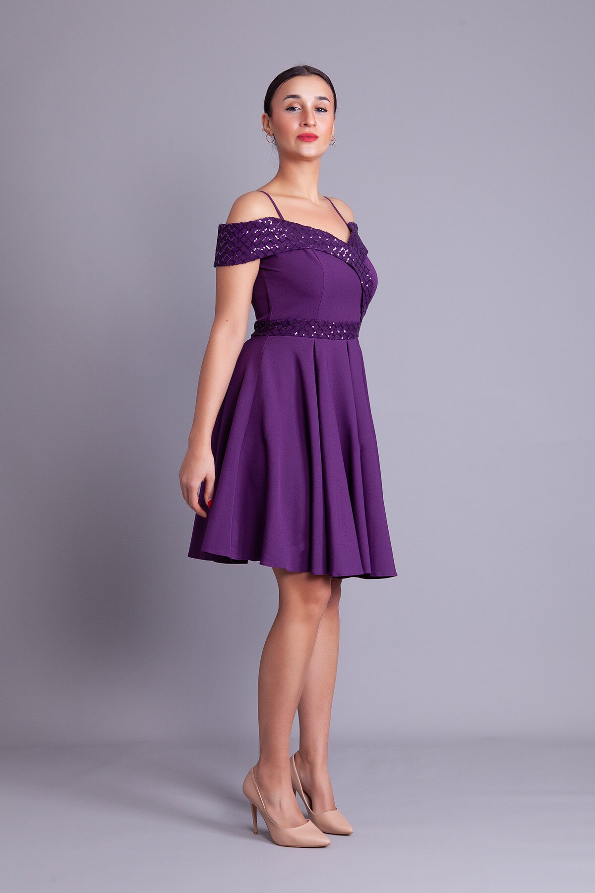 Mini Flared Strappy Checked Sequin Off-Shoulder Evening Dress - Plum - Bidoluelbise