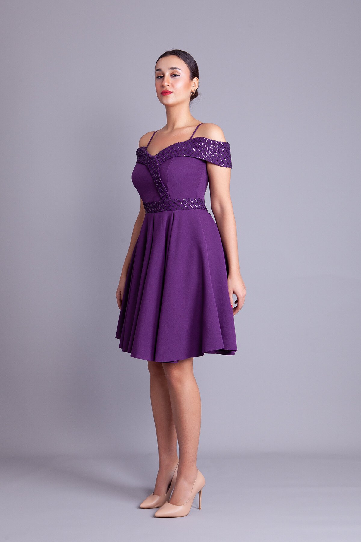 Mini Flared Strappy Checked Sequin Off-Shoulder Evening Dress - Plum - Bidoluelbise