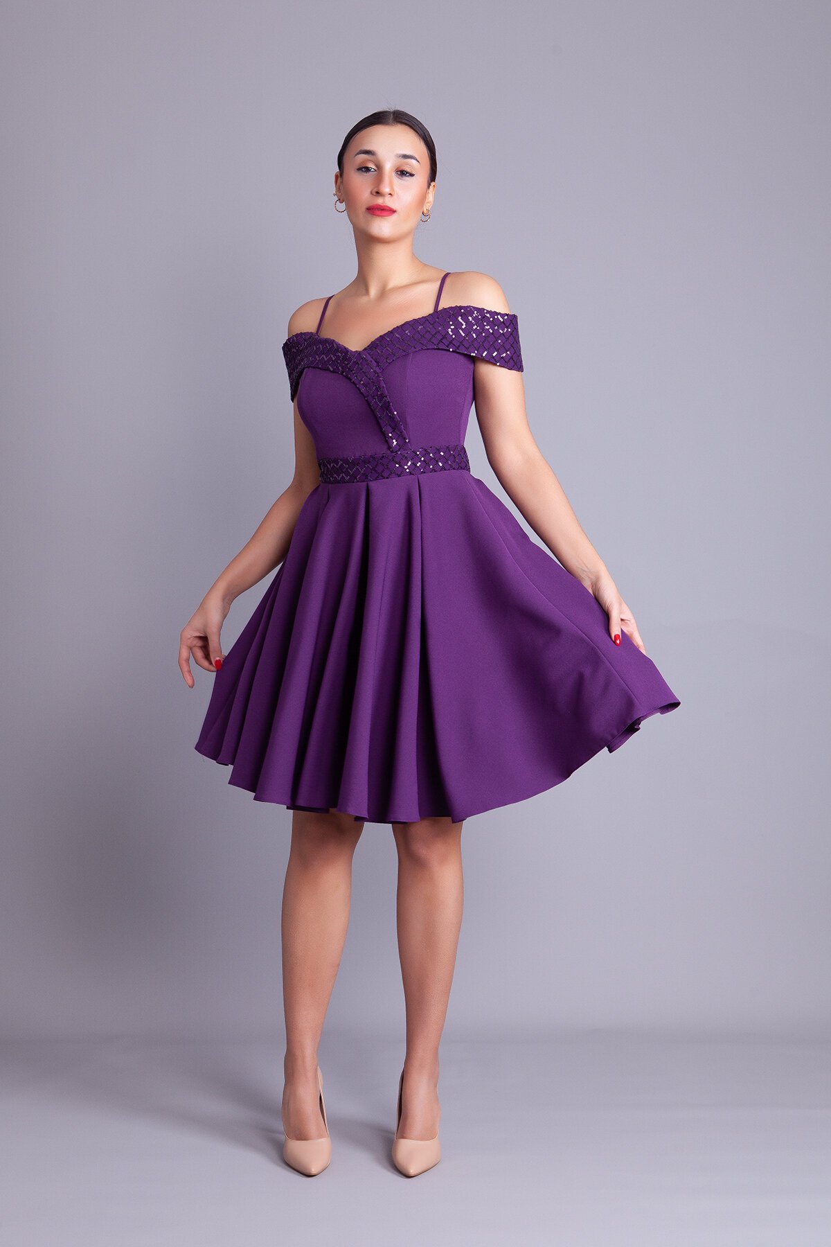 Mini Flared Strappy Checked Sequin Off-Shoulder Evening Dress - Plum - Bidoluelbise