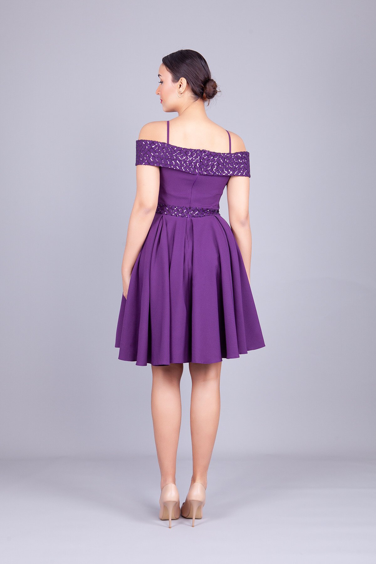 Mini Flared Strappy Checked Sequin Off-Shoulder Evening Dress - Plum - Bidoluelbise