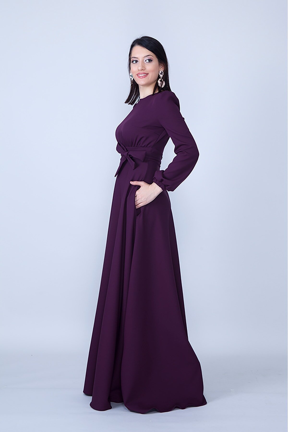 Maxi Long Sleeve Gathered Waist Belted Modest Evening Dress - Plum - Bidoluelbise