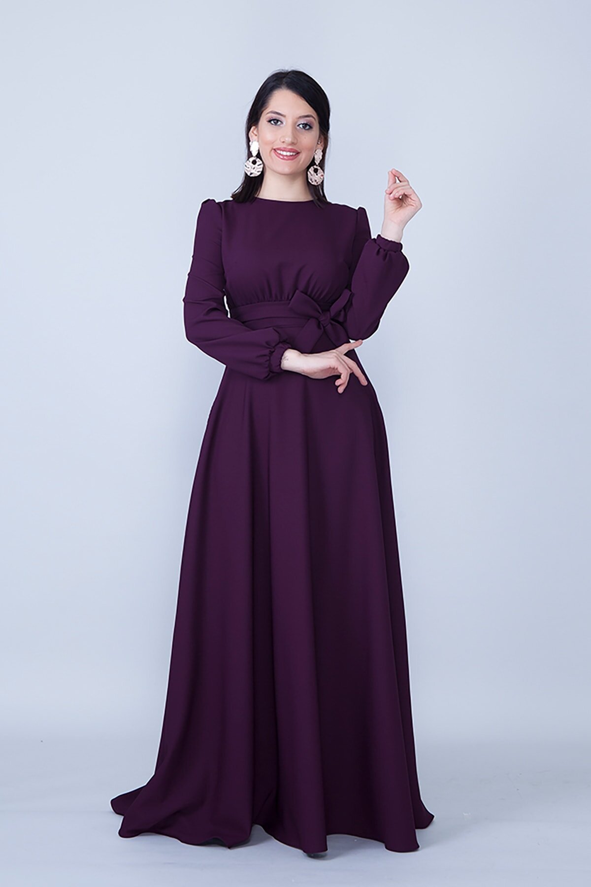 Maxi Long Sleeve Gathered Waist Belted Modest Evening Dress - Plum - Bidoluelbise