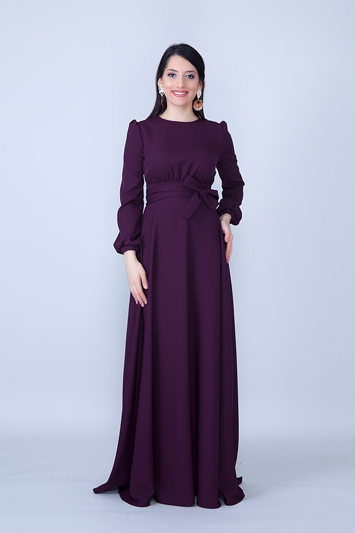 Maxi Long Sleeve Gathered Waist Belted Modest Evening Dress - Plum - Bidoluelbise